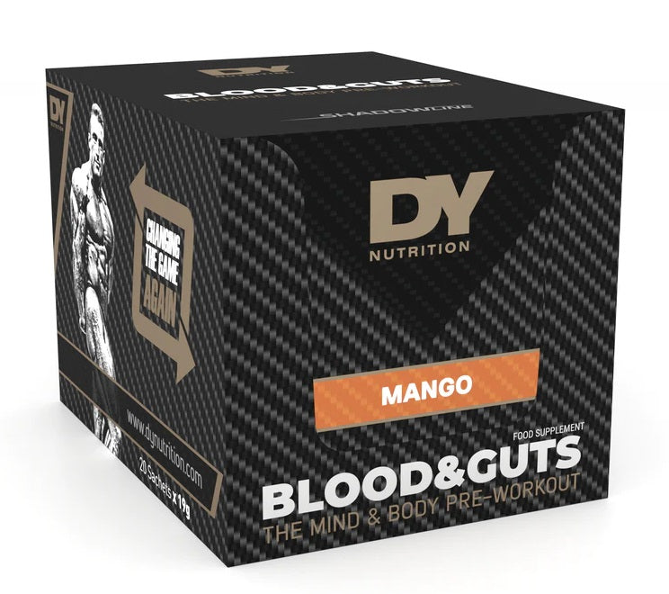 Dorian Yates Blood and Guts Pre Workout Energy Powder - Mango Flavor 20 Packets (19g Each) | Boost Performance & Endurance for Intense Workouts & Gym Training