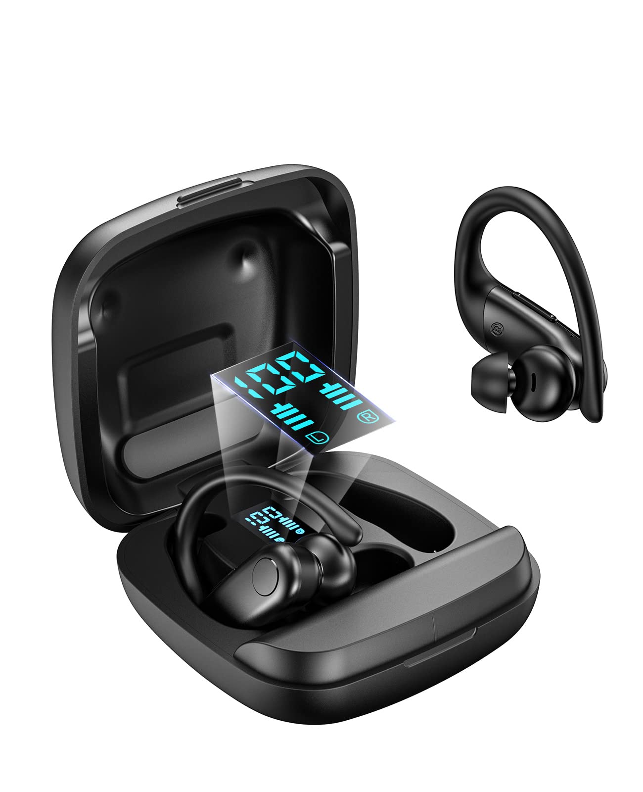 QODISA Wireless Earbuds Bluetooth 5.2 Headphones with 100Hrs Playtime, Digital LED Display Charging Case & Noise Cancellation Mic - Over-Ear Earphones for Workout, Running, Gym & Sports | Perfect for Commuting, Travel & Office Use