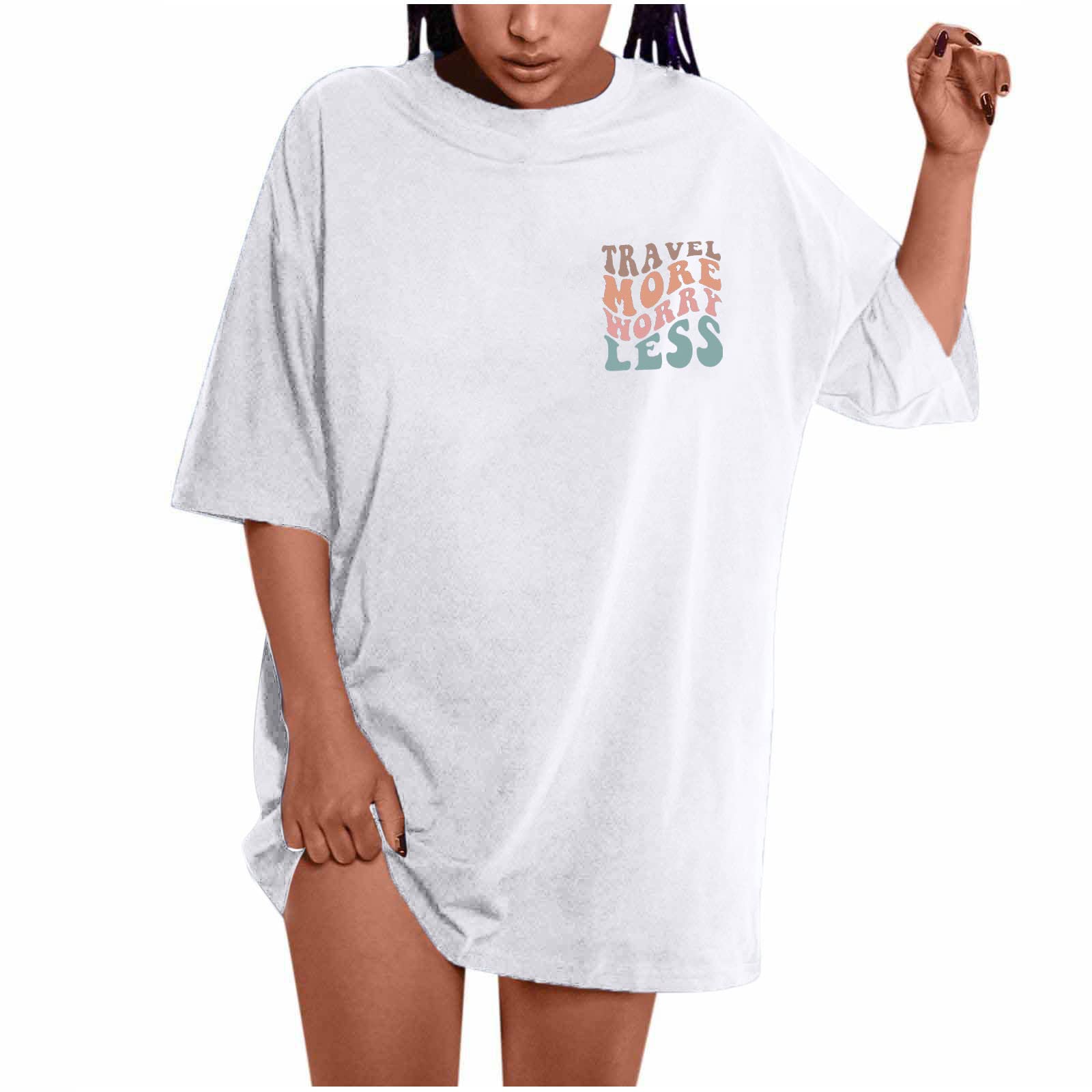 Women's Oversized Graphic T-Shirt - Drop Shoulder Short Sleeve Loose Fit Plus Size Summer Top | Travel More Worry Less Slogan | Casual Outing, Beach Vacation, Streetwear Fashion