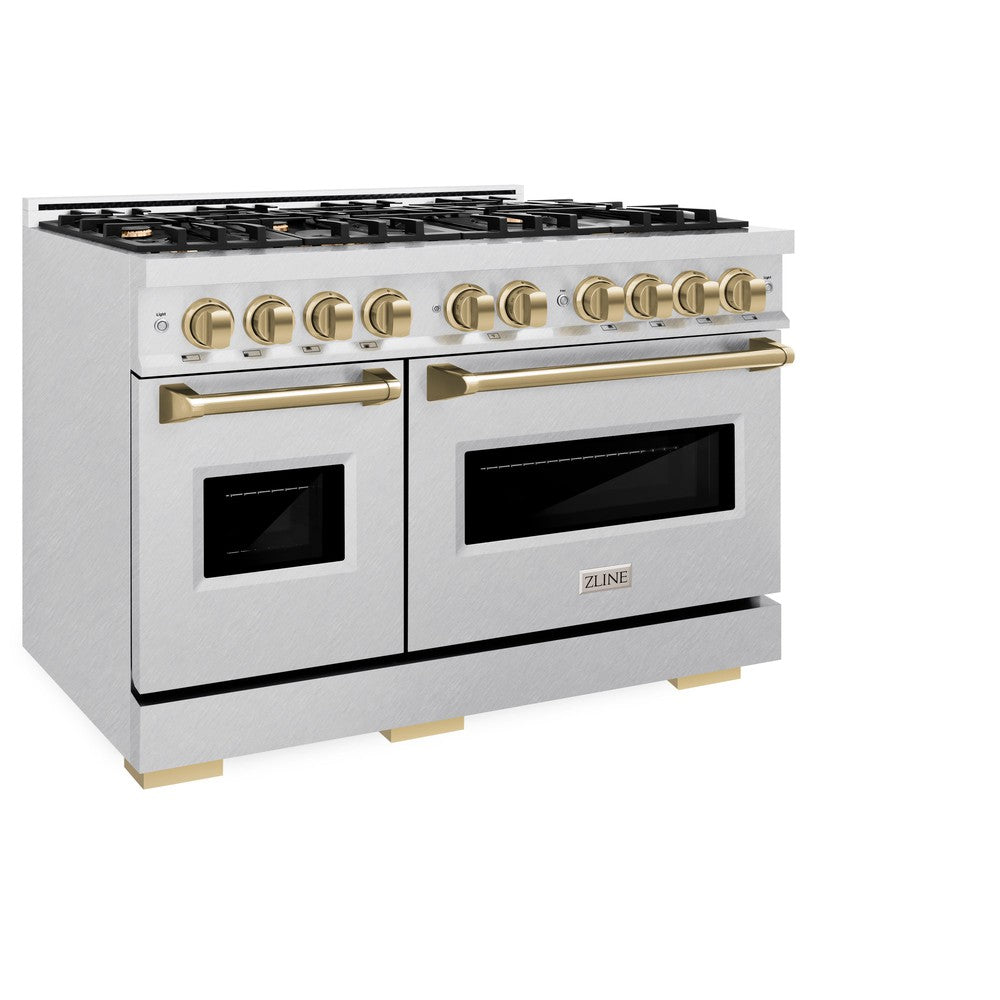 ZLINE Autograph Edition 48-inch 6.7 cu. ft. Classic Double Oven Gas Range with 8 Burner Cooktop in Satin Stainless Steel and Champagne Bronze Accents - Perfect for Large Kitchens, Home Chefs & Entertaining (CGRSZ 48 CB)