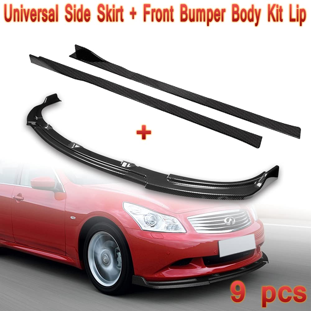 9-Piece Front Bumper Lip Kit & Side Skirt Extensions Diffuser Set for 2010-2013 Infiniti G37 Sedan 4DR | ABS Plastic Painted Carbon Fiber Style | Enhances Aerodynamics & Sporty Look | Perfect for Car Enthusiasts & Street Racing
