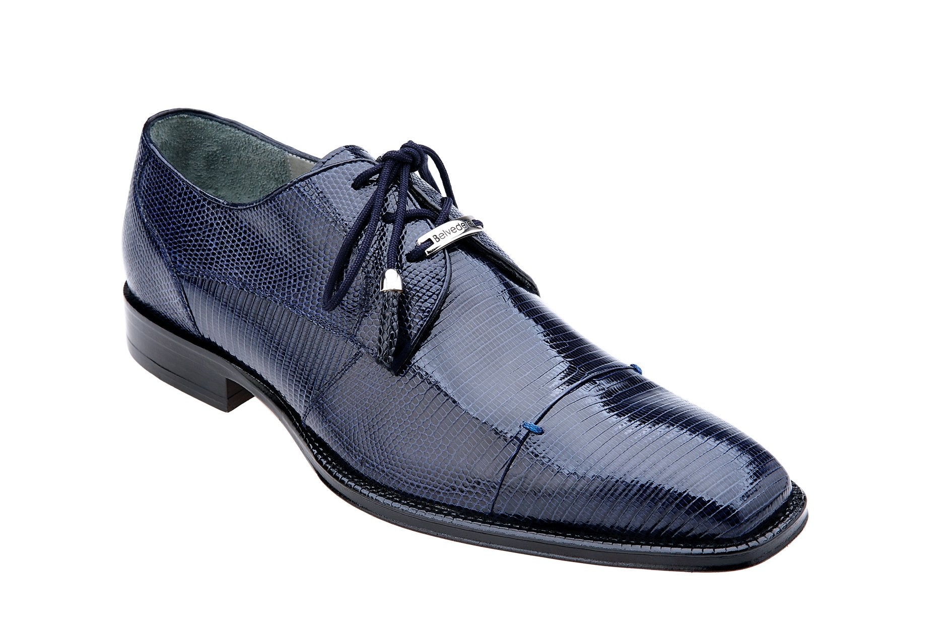 Belvedere Karmelo Genuine Lizard Leather Dress Shoes for Men - Navy Blue Formal Business Shoes - Size 9.5, 12, 14 Available - Perfect for Weddings, Office & Special Occasions