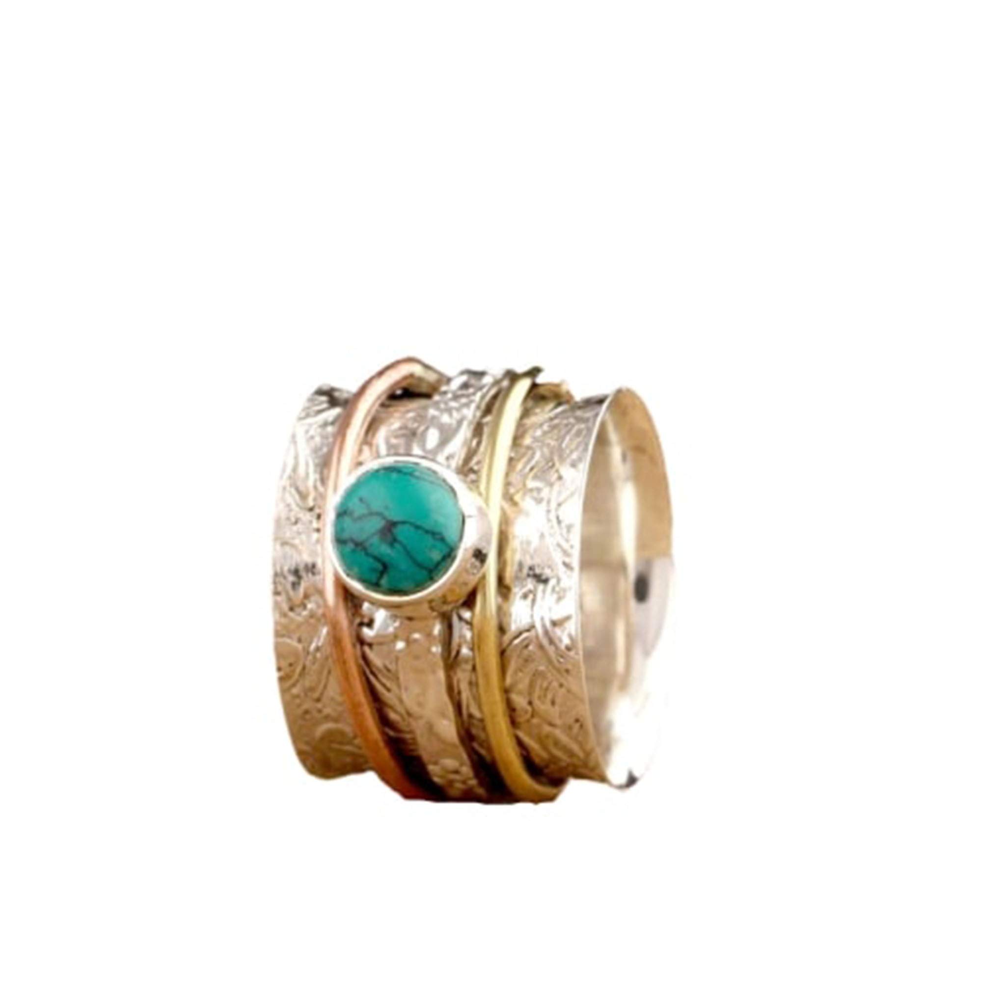 925 Silver Turquoise Spinner Ring for Women - Handmade Meditation & Fidget Jewelry - Boho Chic Statement Ring in Three-Tone Mixed Metals - Perfect Gift for Her, Yoga, Stress Relief & Spiritual Practice