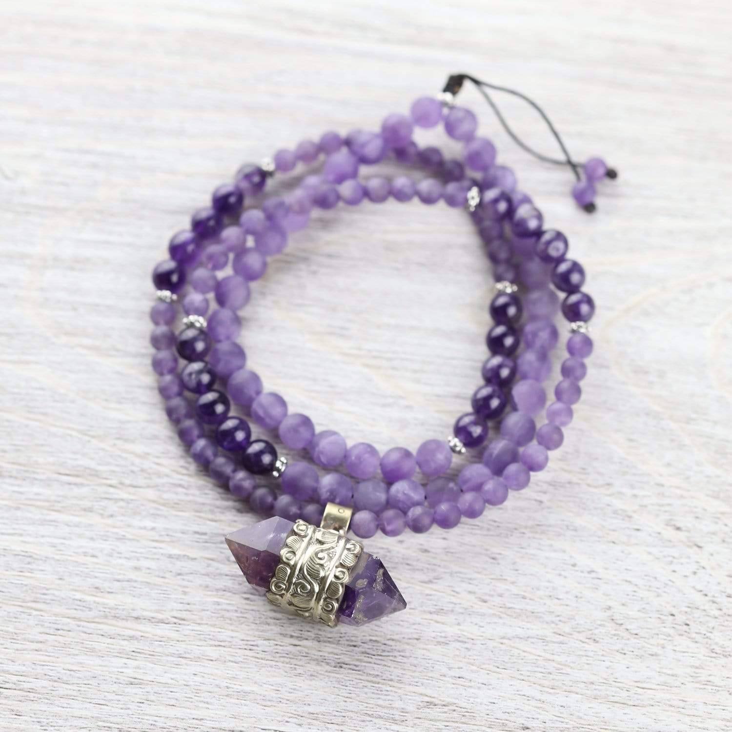 Natural Amethyst Hexagonal Gemstone Mala Beads - 108 Healing Meditation Prayer Necklace for Yoga, Chakra Balancing & Spiritual Protection