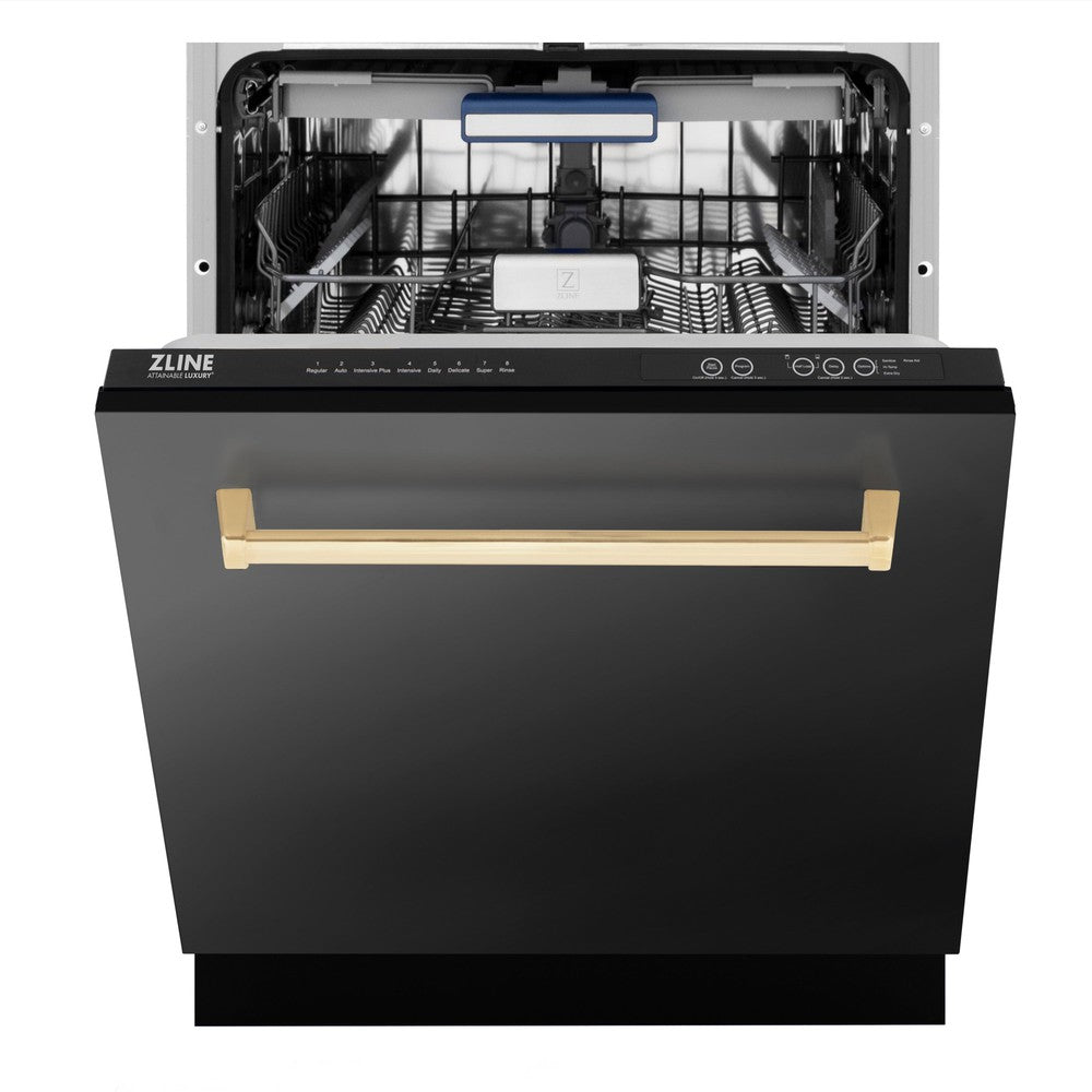ZLINE Autograph Edition 24 Inch Black Stainless Steel Dishwasher with Champagne Bronze Handle - 3rd Rack & Top Control Panel - Ultra Quiet 51dBa - Perfect for Modern Kitchens & Open Concept Homes (Model DWVZ BS 24 CB)
