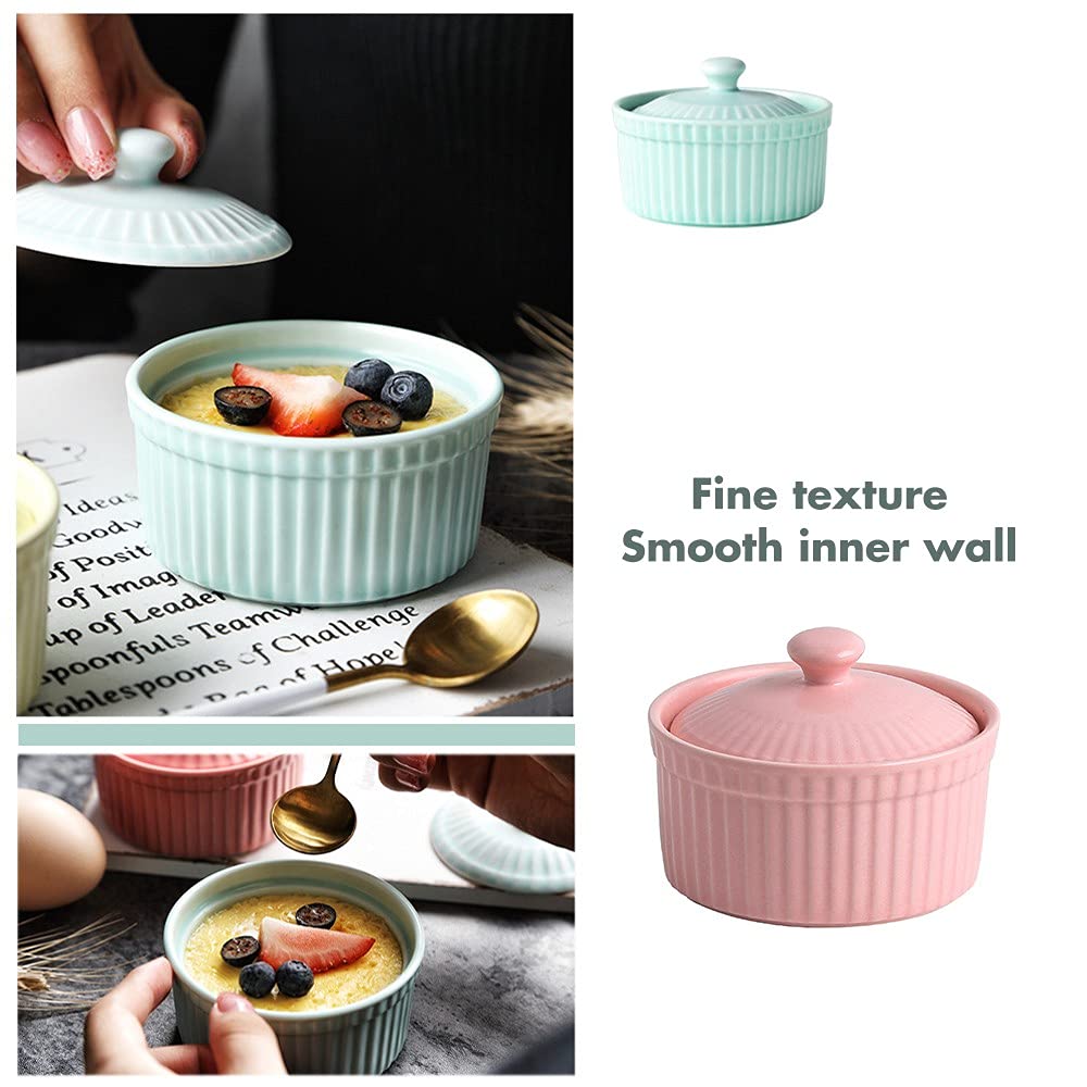Meltset 5.5 Oz Ceramic Ramekins with Lids - Oven Safe Porcelain Baking Bowls for Soufflé, Crème Brûlée, Lava Cake, Ice Cream & Desserts - Perfect for Home Baking, Restaurant Use & Party Serving (Set of 5)