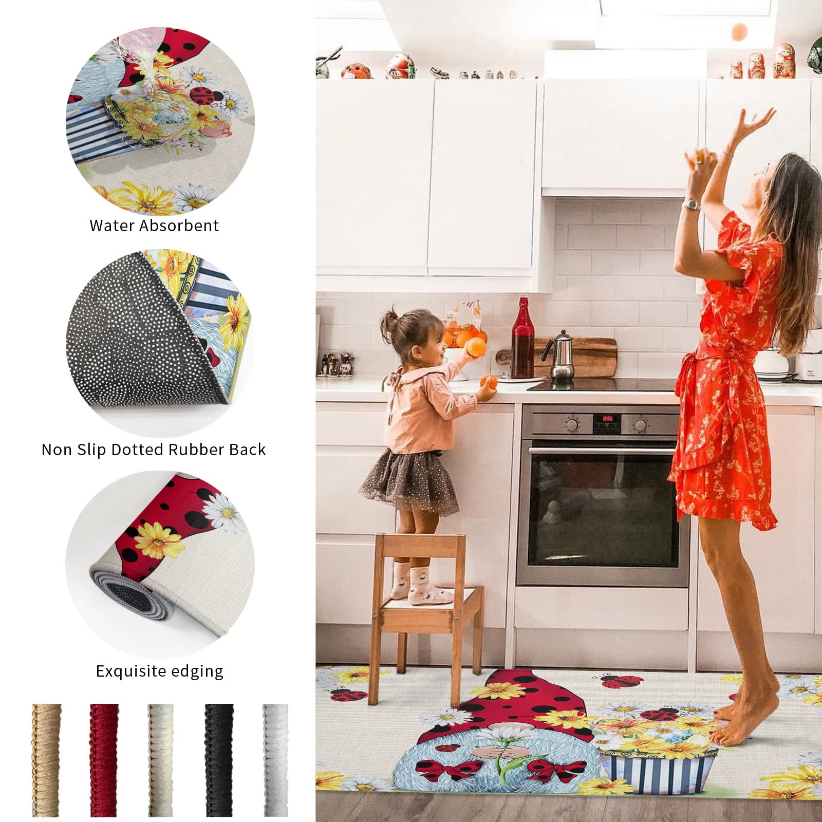 **Non-Slip Cushioned Kitchen Mat - Absorbent Ladybug Gnomes Bathroom Rug, Waterproof Farmhouse Daisy Throw Carpet for Office, Laundry & Standing - 19.7