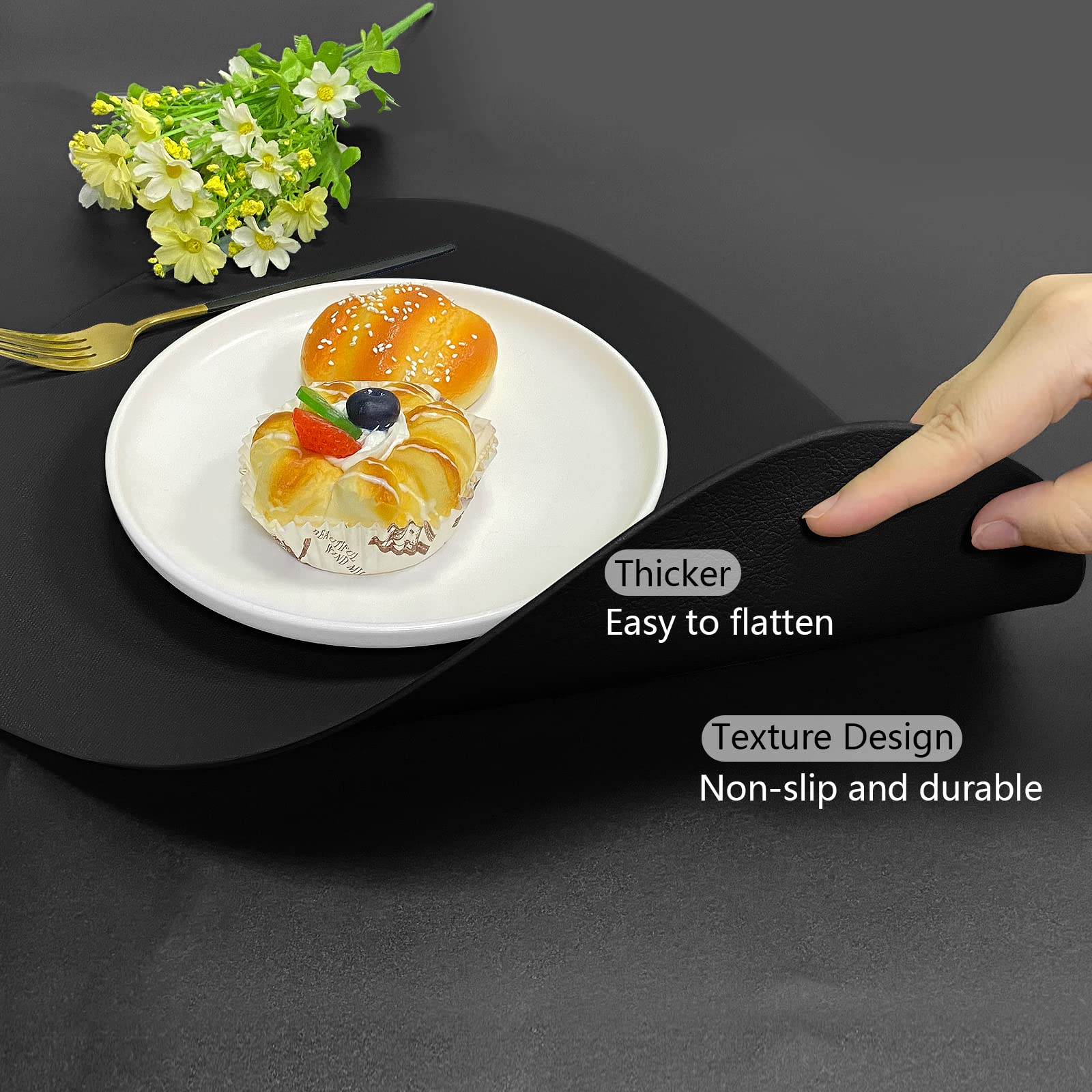 Premium Faux Leather Placemats Set of 6 - Black Heat-Resistant Washable Dining Table Mats for Round Tables | Indoor & Patio Use | Halloween & Thanksgiving Dinner Decor | Easy to Clean & Wipeable