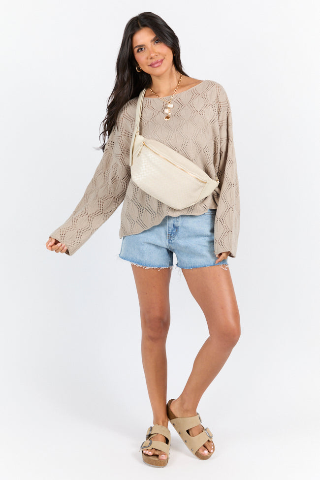 By The Bay Taupe Open Knit Sweater - Women's Lightweight Cardigan for Fall & Winter - Perfect for Casual Outfits, Office Wear and Coffee Dates