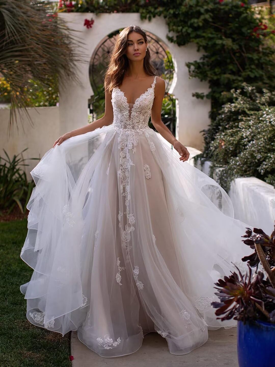 Elegant V-Neck Sleeveless Tulle Wedding Dress with Lace Applique & Long Train - A-Line Flowy Bridal Gown for Bride | Perfect for Church Ceremonies, Beach Weddings & Formal Receptions