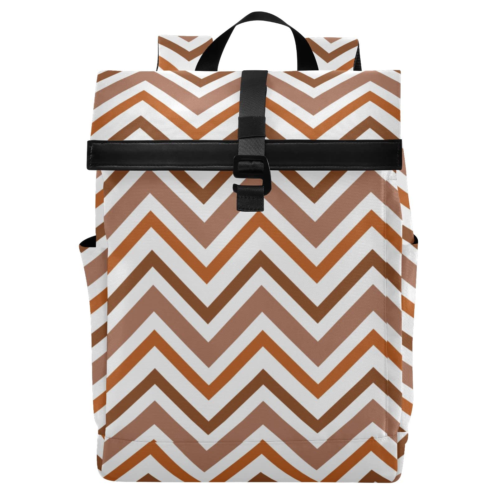 Acpiggto Roll Top Backpack - Brown Zigzag Striped Geometric Design, Classic Travel Daypack with Padded Shoulder Straps (Large & Medium Sizes) - Perfect for Hiking, Commuting & College Campus Use