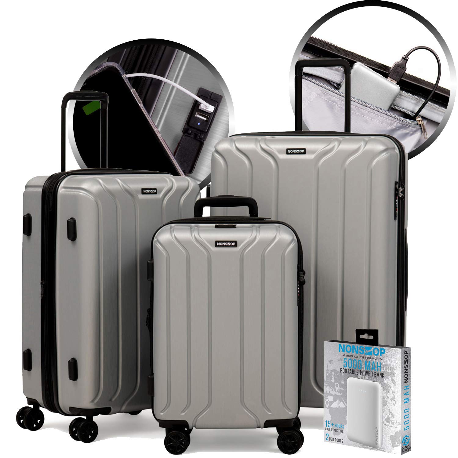 NONSTOP NEW YORK 3-Piece Expandable Hard Shell Spinner Luggage Set with TSA Lock, Lightweight, Double USB Ports & 2 Packing Cubes - Perfect for Air Travel, Business Trips & Family Vacations