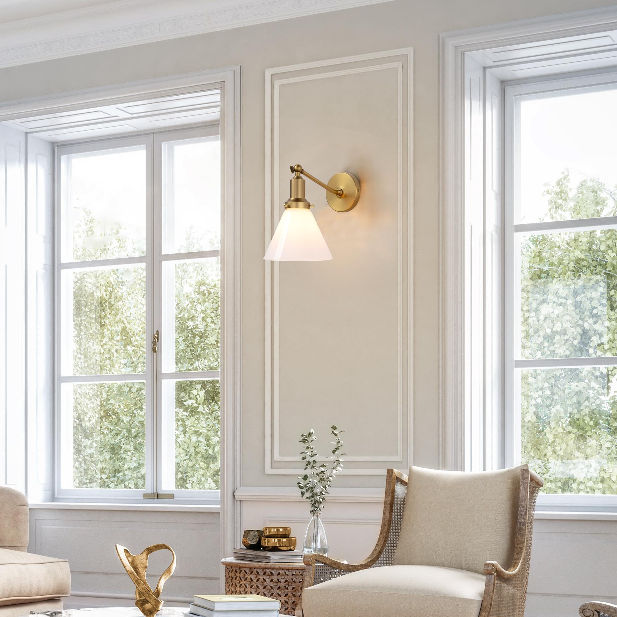 PERMO Vintage Industrial Wall Sconce Light Fixture - Single Slope Pole Mount with Funnel Flared Milk White Glass Shade - Perfect for Bedroom, Living Room, or Entryway Lighting