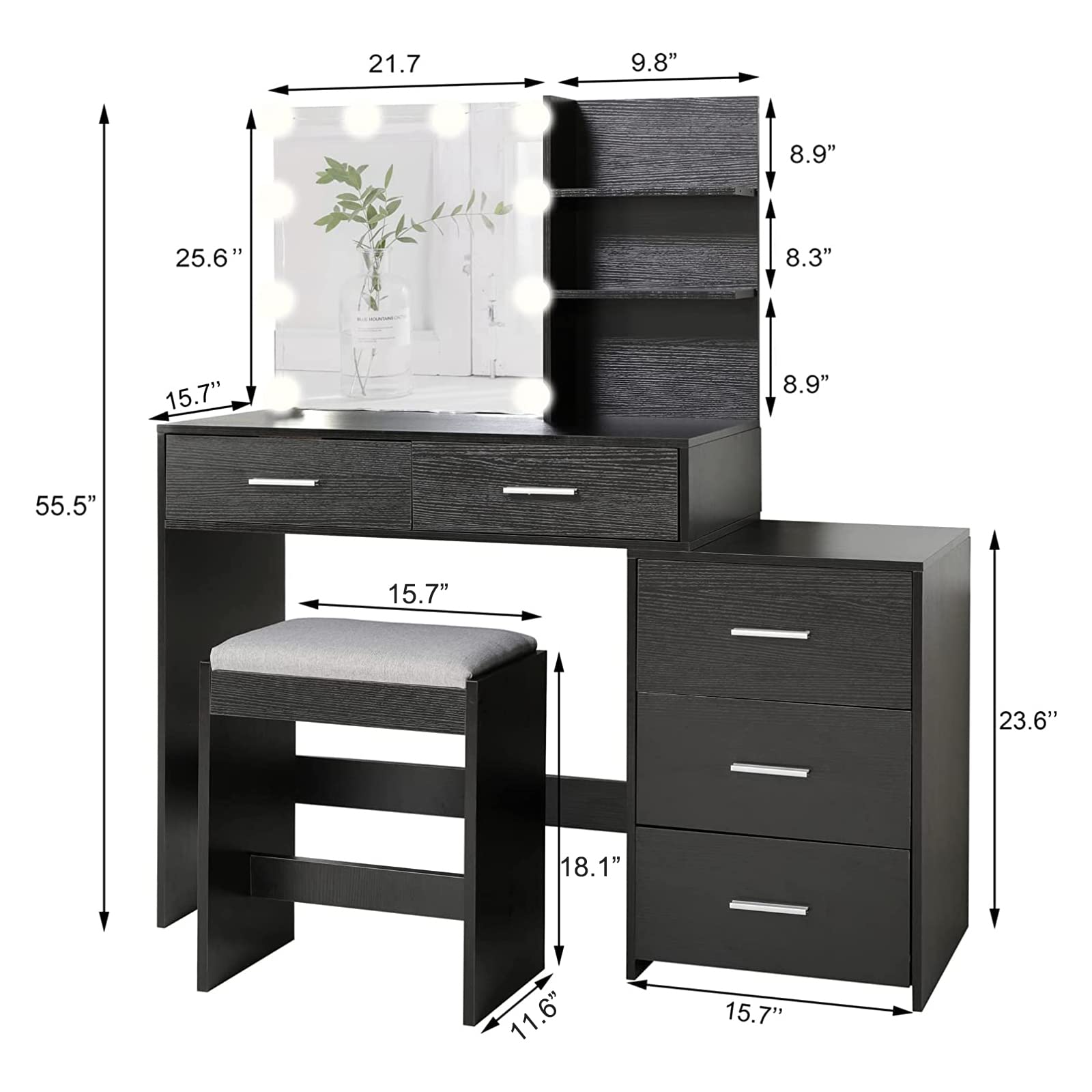 USIKEY 43.5 Inch Large LED Makeup Vanity Desk Set with Mirror, 10 Adjustable Lights, 5 Storage Drawers & Stool - Modern Dressing Table with Shelves for Women & Girls (Black) | Perfect for Bedroom, Dorm Room & Beauty Salon Organization