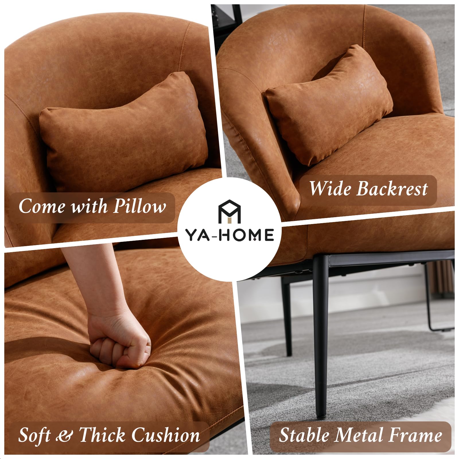 Modern Accent Chair - PU Leather Upholstered Side Chair with Cushion & Black Metal Legs, Comfortable Lounge Chair for Living Room, Bedroom, Office - Perfect for Reading, Relaxing & Home Decor (Brown)