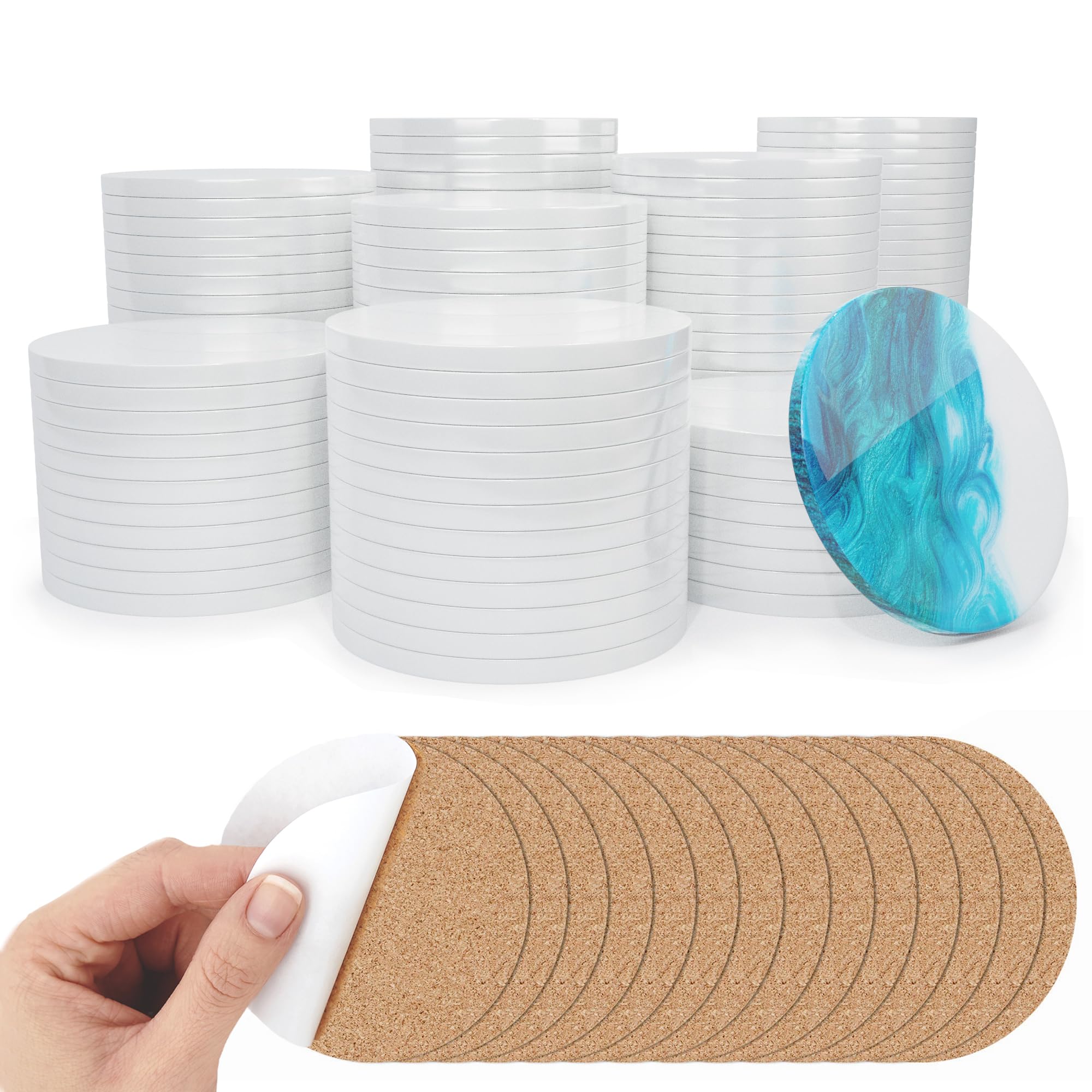 Pixiss 50 Pack 4-Inch Round Glazed Ceramic Coasters with Cork Backings - DIY Blank Tiles for Alcohol Inks, Acrylic Pouring, Painting & Craft Projects - Perfect for Home Decor, Party Favors & Gift Making