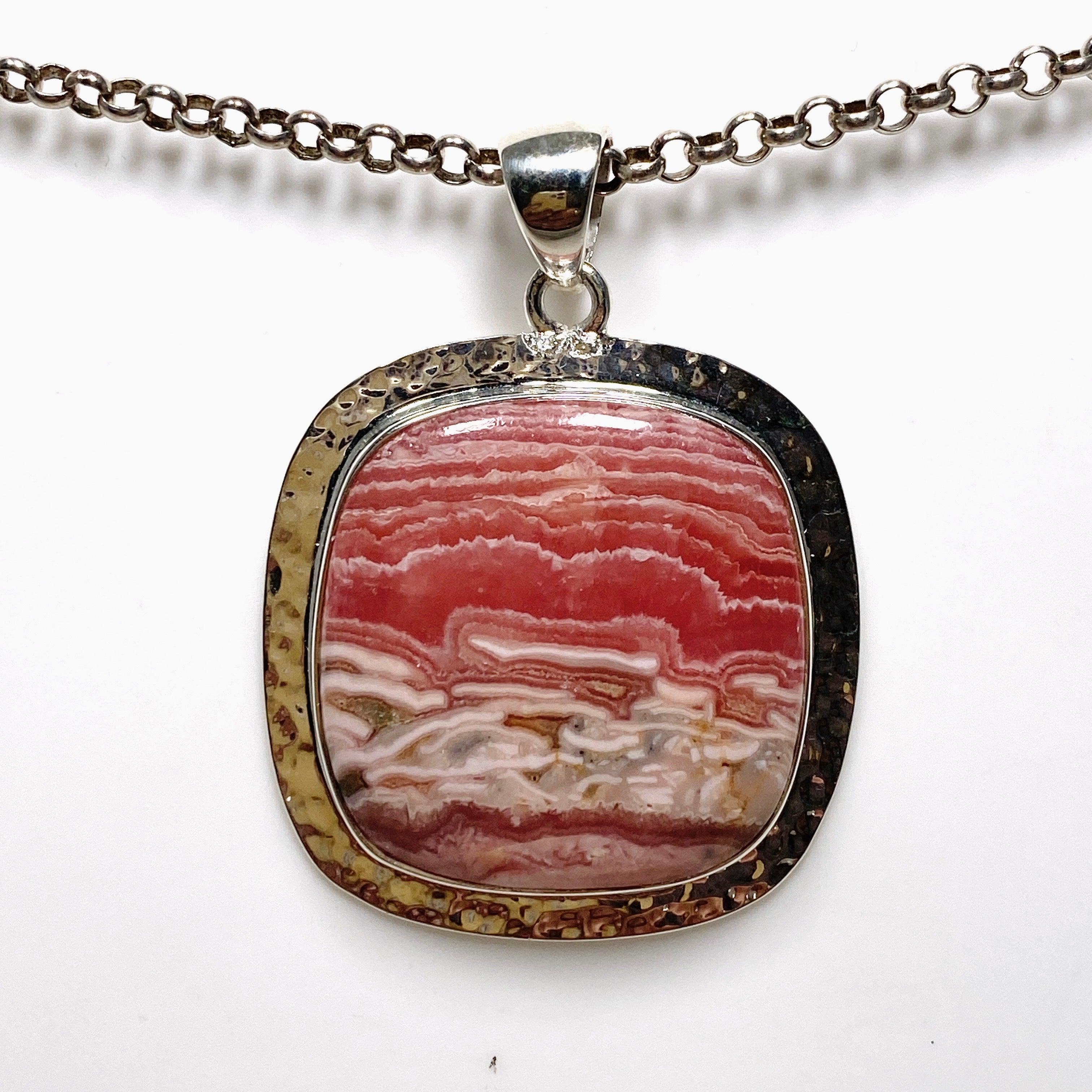 Rhodochrosite Square Pendant Necklace - Handcrafted Hammered Sterling Silver Jewelry KPGJ4322 | Perfect for Gifts, Weddings & Special Occasions