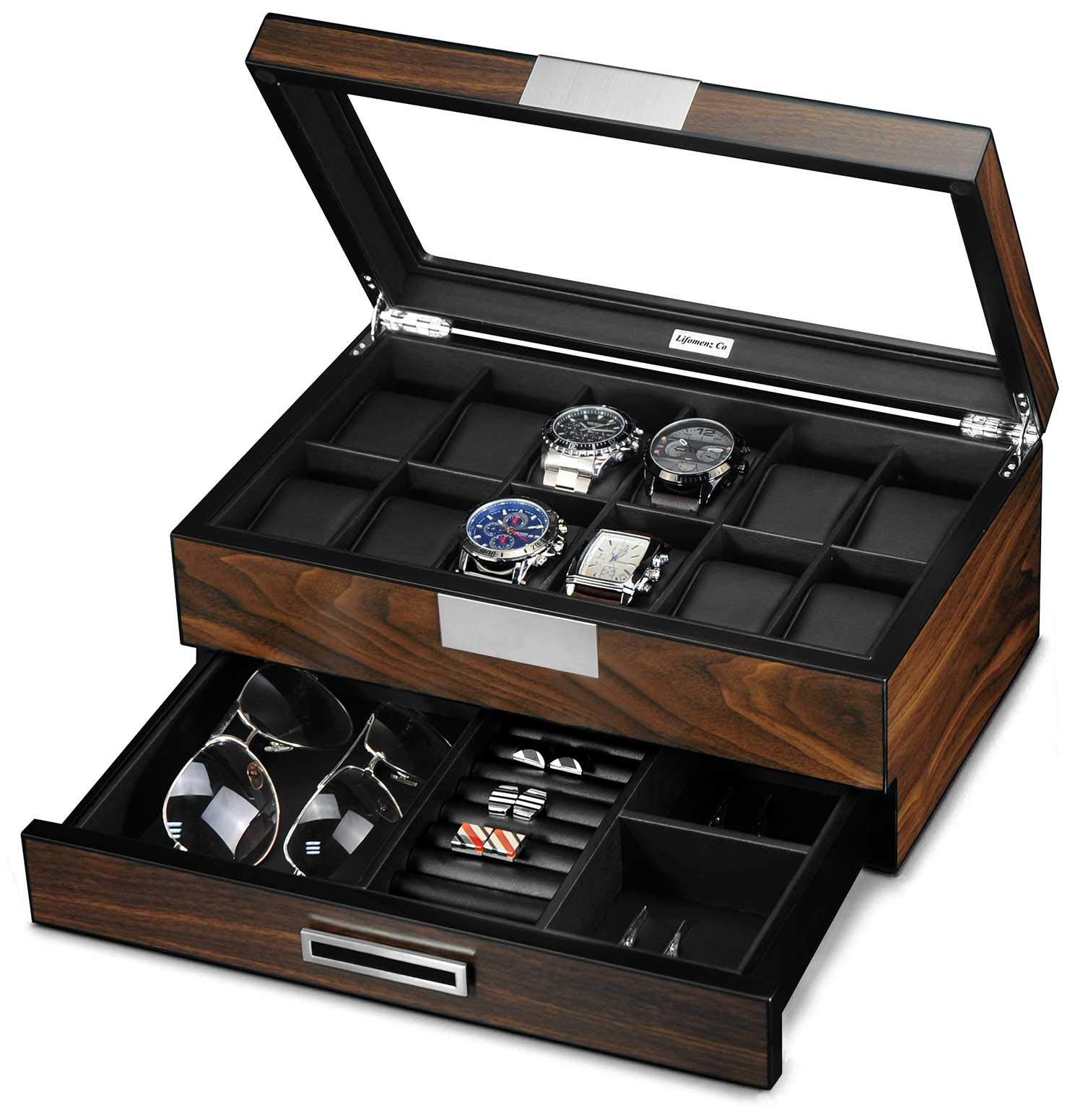 Premium Wooden Watch Box for Men - 12 Slot Watch Display Case with Valet Drawer & Glass Top - Luxury Watch Organizer for Jewelry & Accessories - Perfect for Home, Office & Travel Storage
