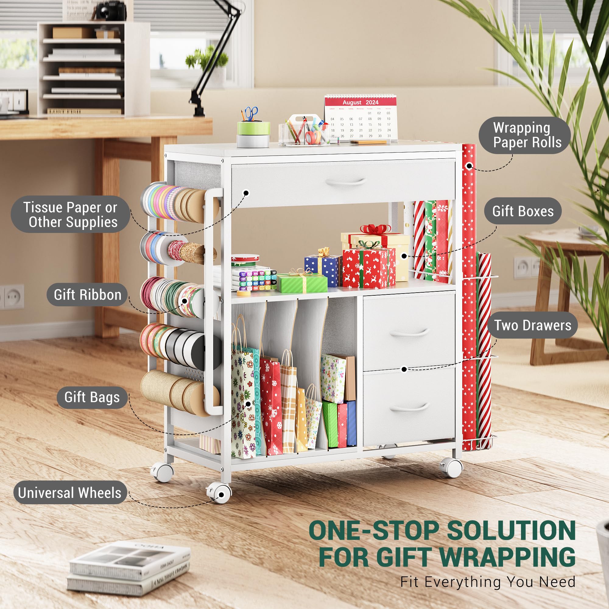 PUNLUXU Rolling Gift Wrap Storage Cart - Portable Wrapping Paper Organizer with Ribbon & Gift Bag Holder, Craft Storage Station for Home & Office (Patent Protected) - Perfect for Holiday Wrapping, Birthday Gifts & DIY Craft Organization