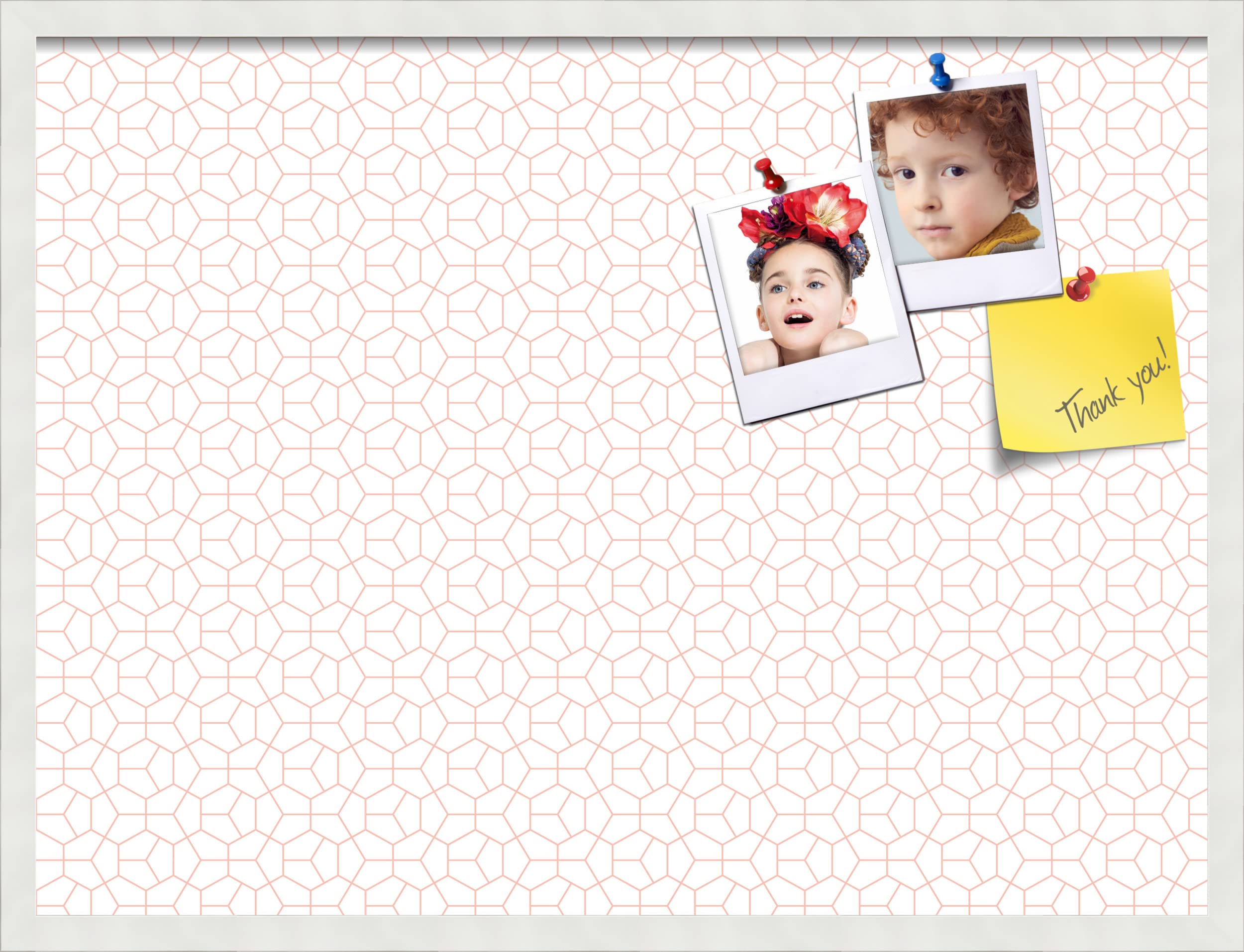 PinPix 32x24 Inch Cork Bulletin Board with Hex Grapefruit Design - White Framed Notice Board for Home Office Decor, School Classroom, Dorm Room Organization & Message Display (PinPix-1636)