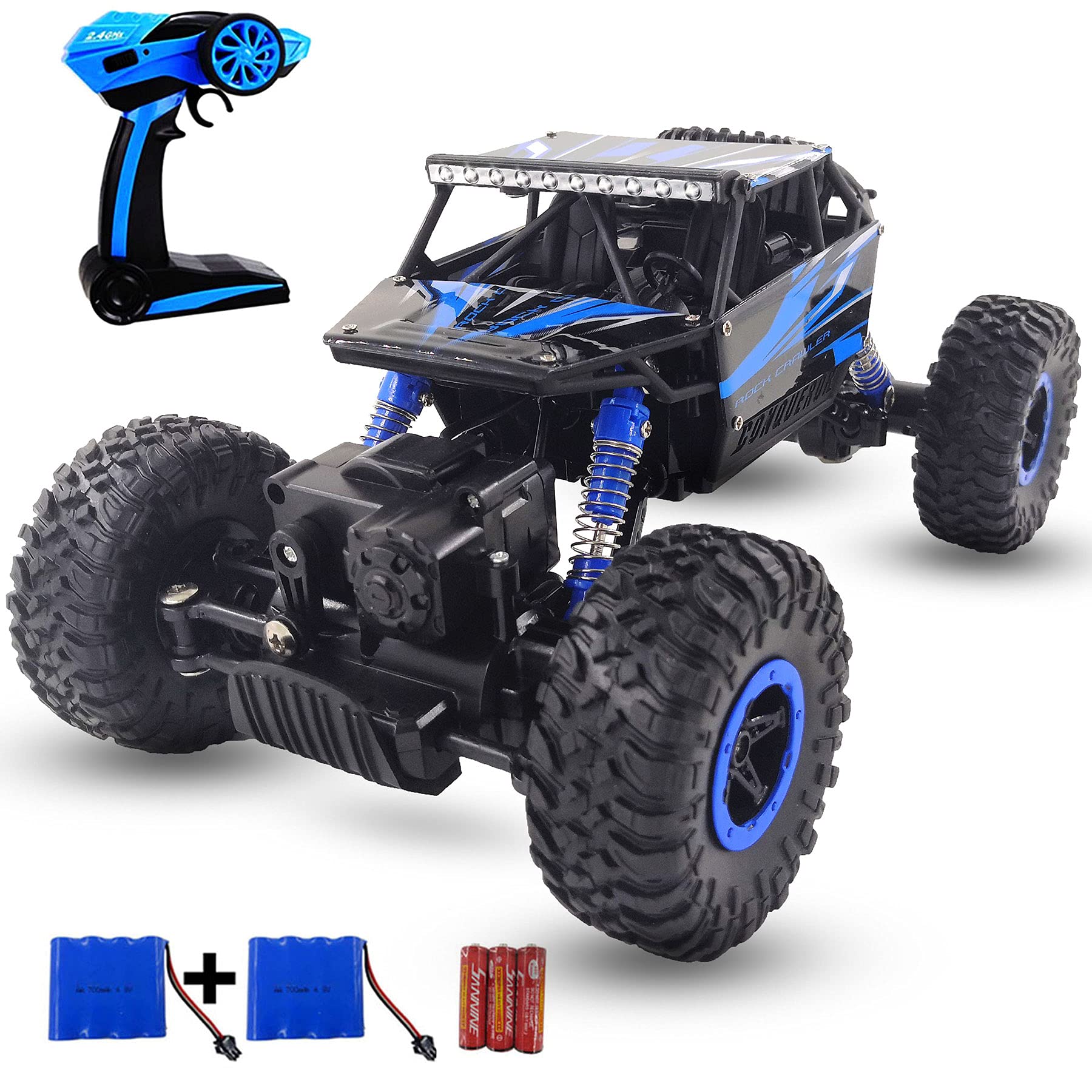 2.4Ghz 4WD Remote Control Car - All Terrain Electric RC Rock Crawler Off-Road Monster Truck Toy with 2 Batteries for Kids & Boys (Blue) | Perfect for Outdoor Adventures, Backyard Play & Birthday Gifts