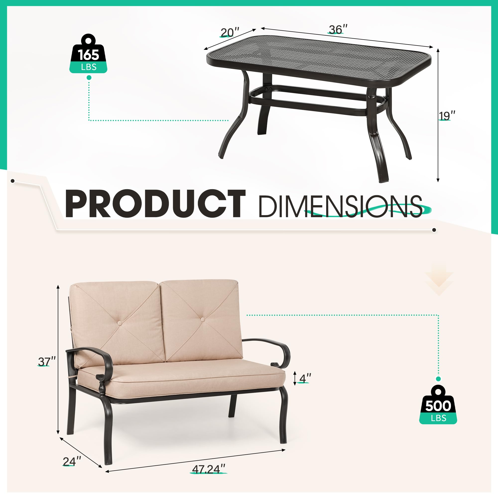 Incbruce 2-Piece Outdoor Patio Loveseat Set with Coffee Table & Cushion - Wrought Iron Metal Frame Garden Bench for Porch, Poolside, Backyard - Weather-Resistant Brown Patio Furniture (Perfect for Relaxing, Entertaining Guests & Outdoor Dining)