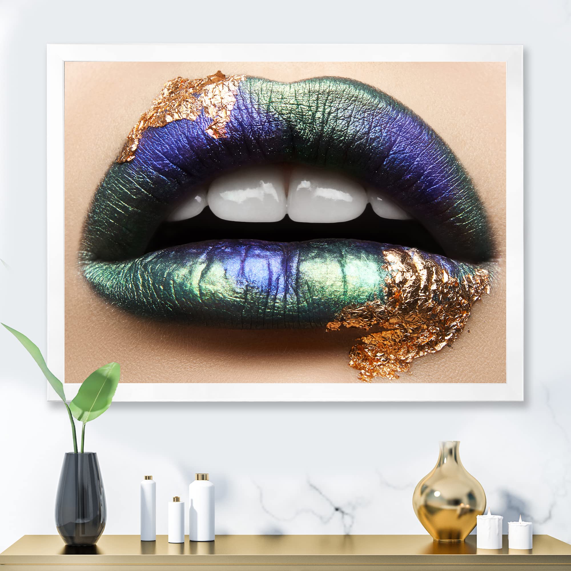 DesignQ Modern Framed Wall Art - Green Lipstick & Teeth Female Lips Portrait - Perfect for Living Room, Bedroom, or Office Decor