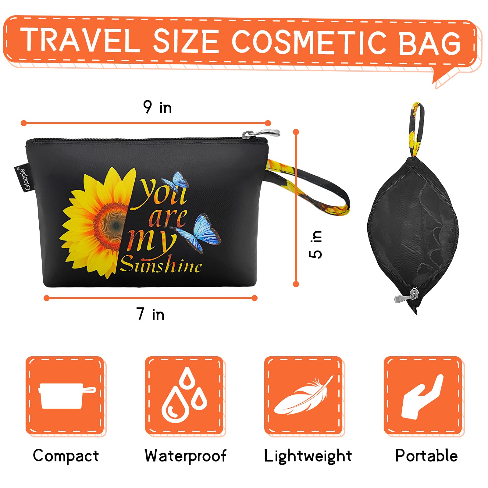 Gloppie Small Zipper Makeup Bag - Waterproof Cosmetic Organizer for Purse Essentials, Travel & Daily Use - Stylish Sunflower Design