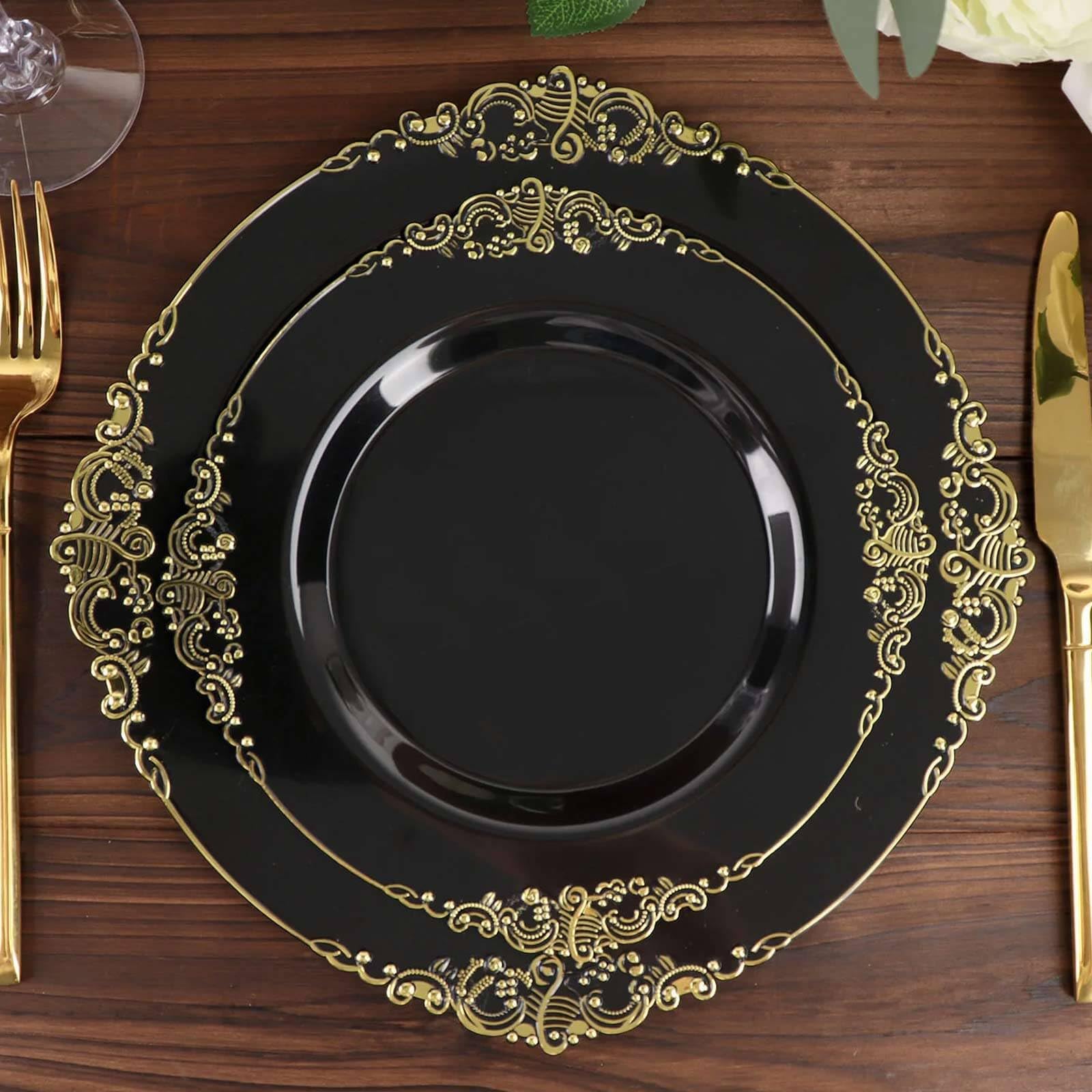 Efavormart 10 Pack Black Gold Baroque 8 Inch Round Plastic Dessert Plates - Elegant Disposable Salad Plates with Leaf Embossed Gold Rim for Parties, Weddings & Special Events