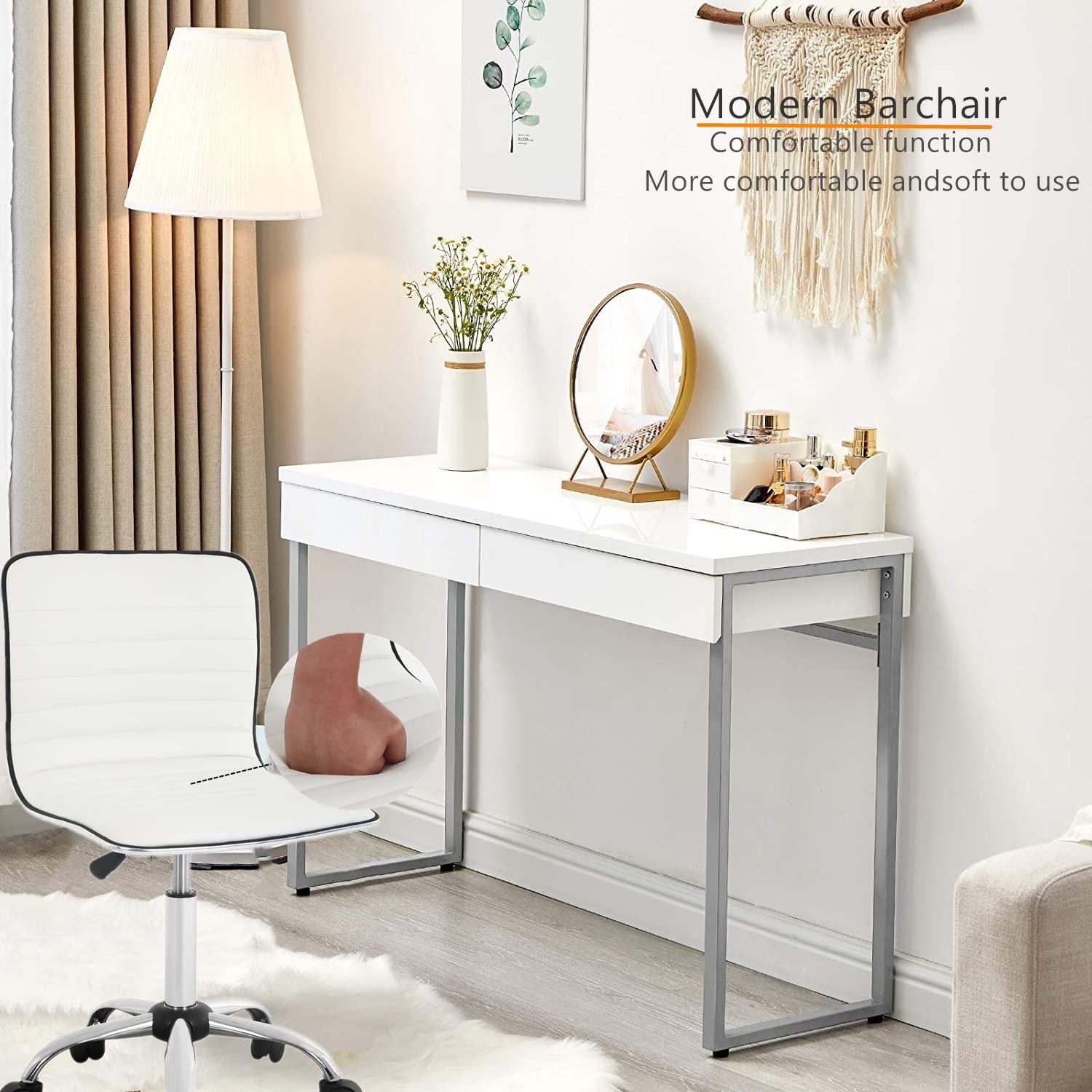 Ergonomic Adjustable Office Chair - Modern PU Leather Swivel Task Chair with Lumbar Support for Home Office, Gaming & Makeup Vanity (White) | Comfortable Desk Chair for Long Hours of Work & Study