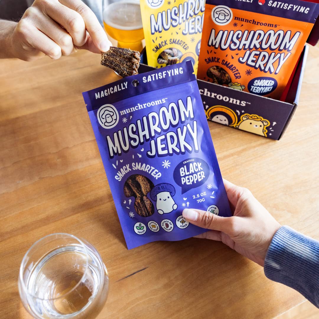 100% Plant-Based Vegan Mushroom Jerky - Cracked Black Pepper Flavor | Healthy Vegan Snacks, Non-GMO, Gluten-Free | Made with Shiitake Mushrooms | 2.5oz (70g) 6-Pack | Perfect for Hiking, Camping & On-the-Go Snacking