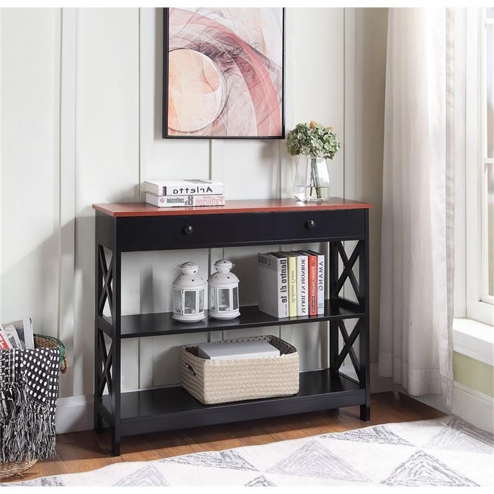 Pemberly Row Transitional One-Drawer Console Table - Cherry & Black Wood Entryway Table for Hallway, Living Room or Bedroom Decor