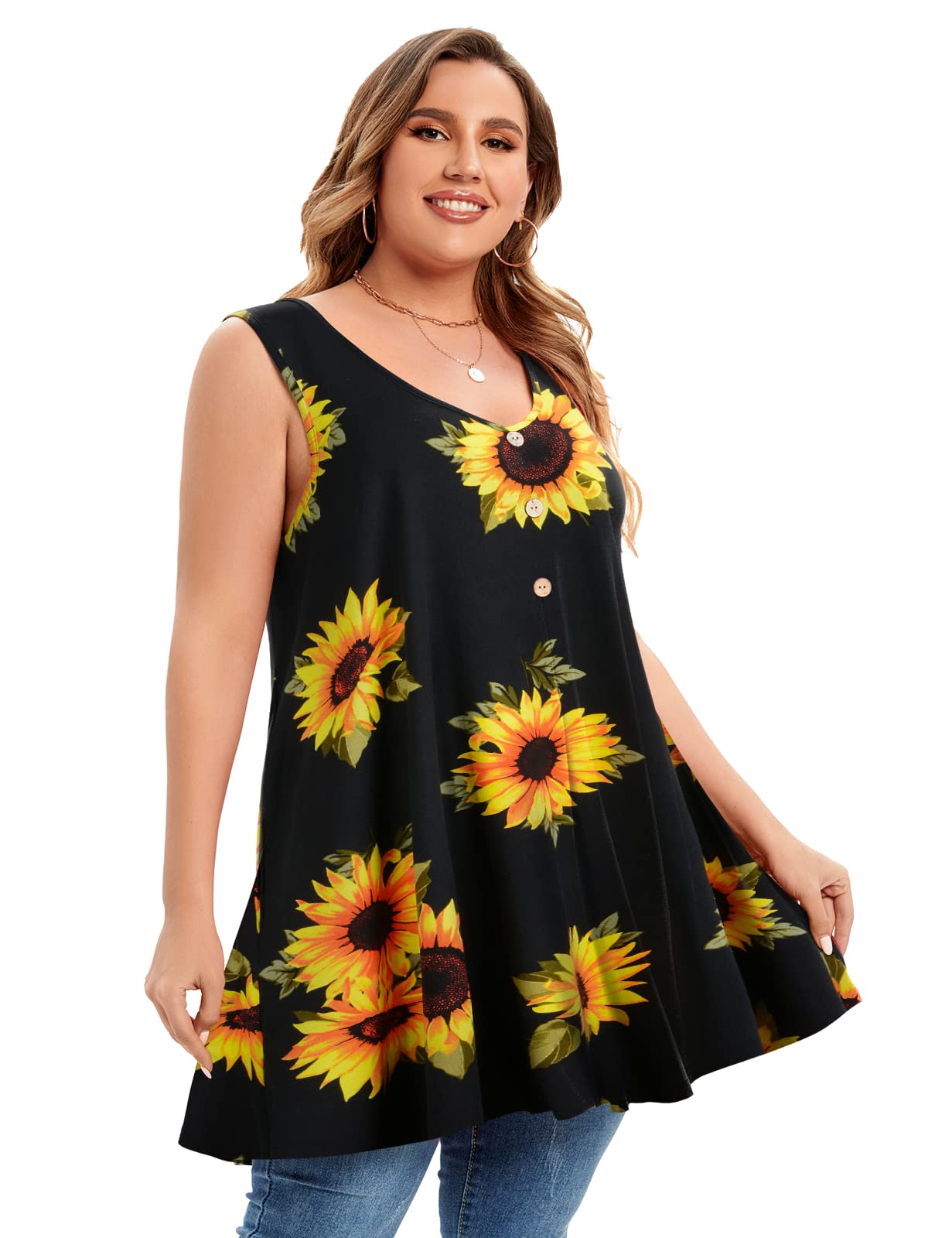 MONNURO Plus Size Women's V Neck Button Down Tank Top - Casual Flowy Sleeveless Summer Tunic Shirt for Beach, Travel & Everyday Wear