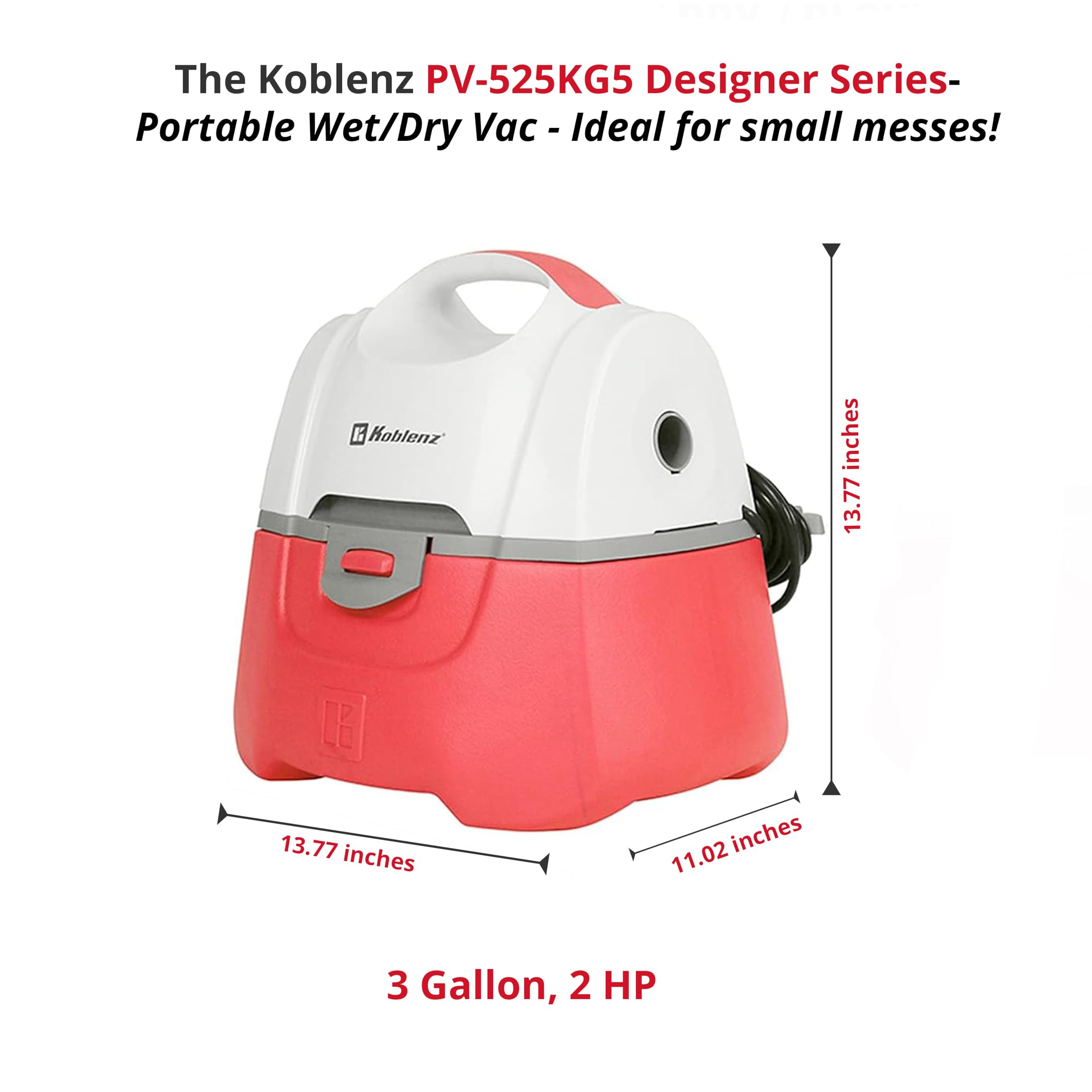 Koblenz PV-525KG5 3-Gallon 2.0 HP Wet Dry Vacuum Cleaner with Accessories - Portable 3-in-1 Shop Vac for Home, Garage & Car Cleaning - Pink