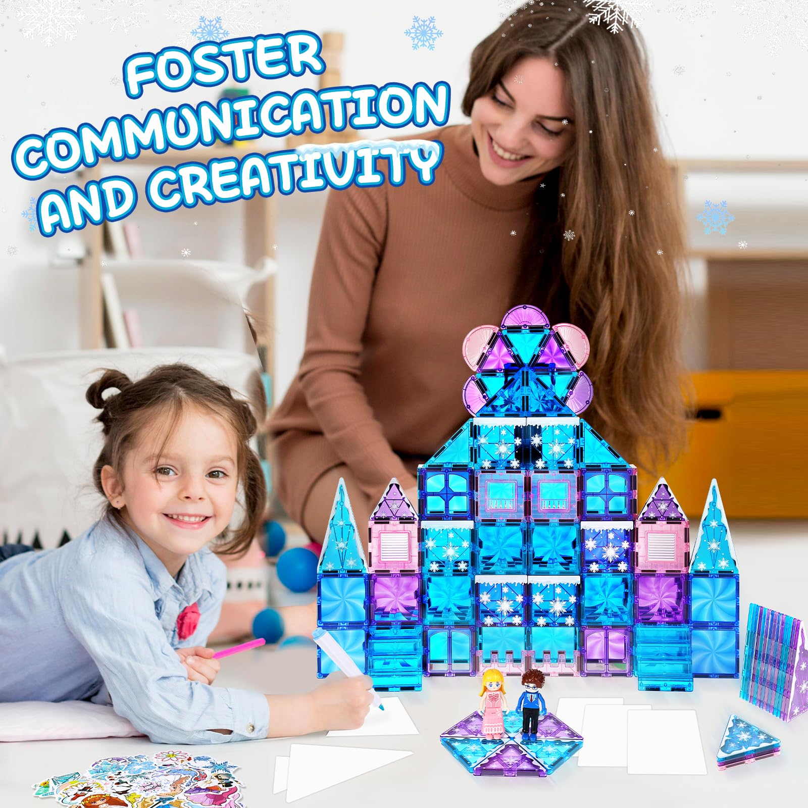 145pcs Frozen Castle Magnetic Tiles Set with Magnetic Doodle Kit - STEM Educational Toys for Girls Ages 3-12 | Includes Stairs, Dolls, Decals & Stickers | Perfect Birthday & Christmas Gift for 3-8 Year Old Girls | Creative Building & Drawing Play for Home & Classroom
