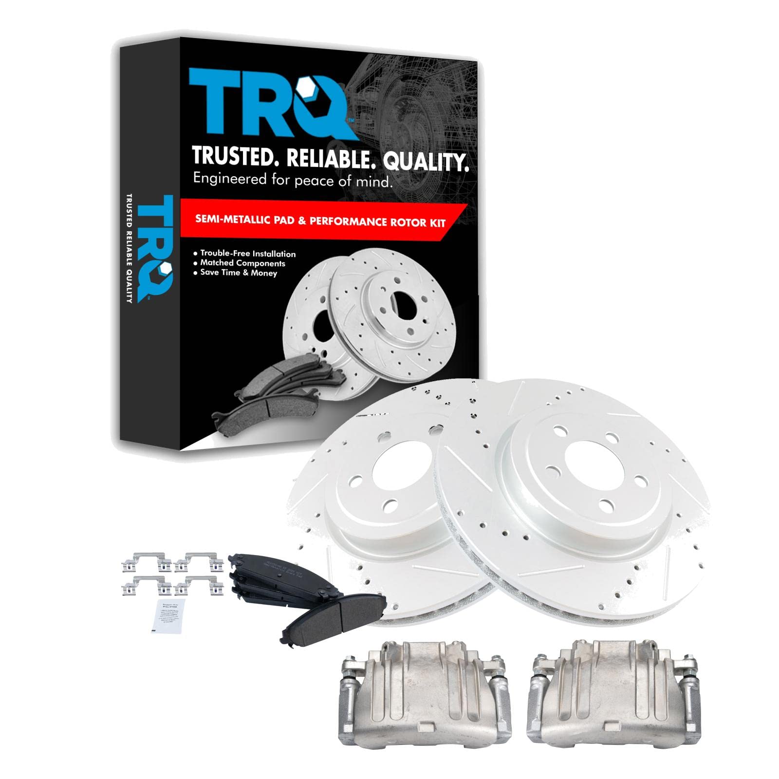 TRQ Front Brake Calipers & Pads with Drilled Rotors - Compatible with Dodge 300, Challenger, Charger, Magnum - High Performance Braking System for Street Racing & Daily Driving