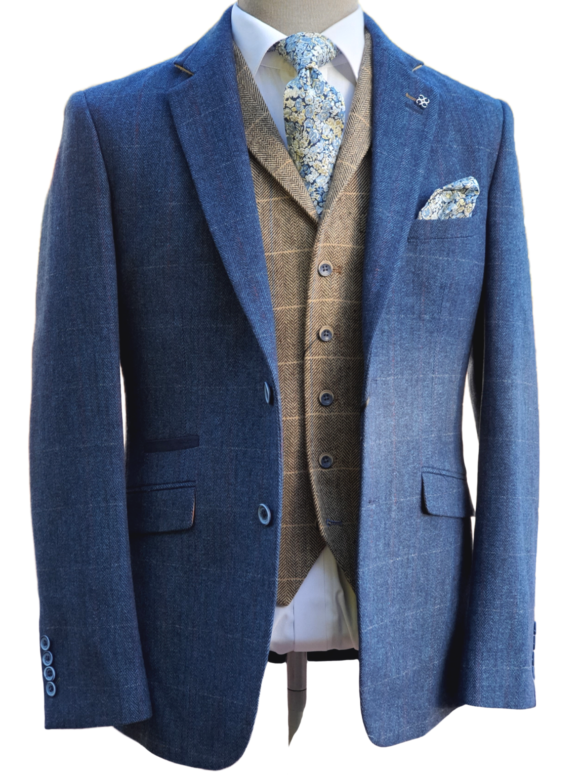 Blue Tweed Suit with Brown Waistcoat for Men | Cavani Carnegi Formal Business Attire | Perfect for Weddings, Office & Special Occasions