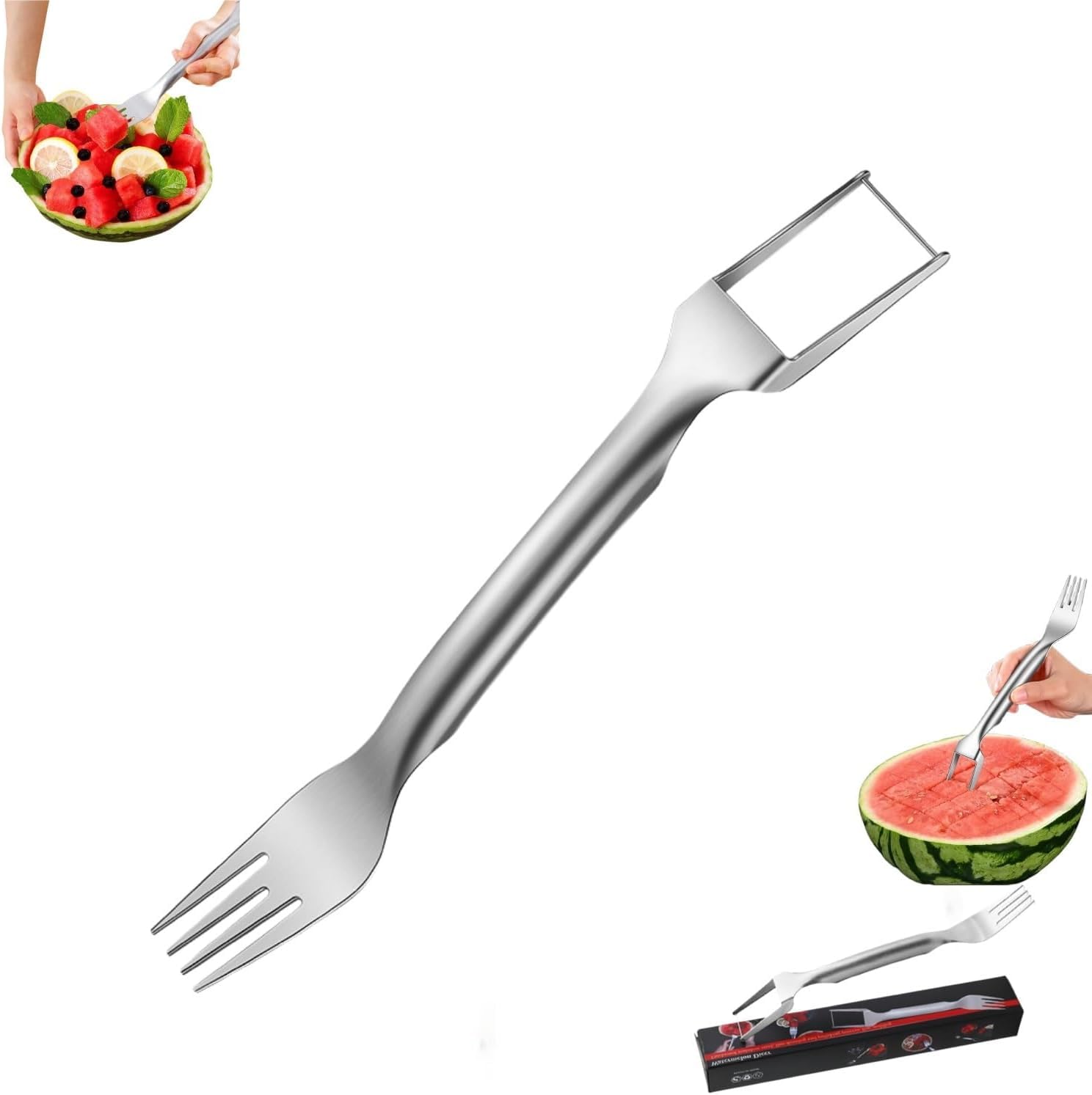 2-in-1 Stainless Steel Fruit Cutter & Watermelon Slicer - Dual Head Kitchen Tool for Easy Fruit Cutting | Perfect for Picnics, BBQs & Home Kitchen Use (Silver)