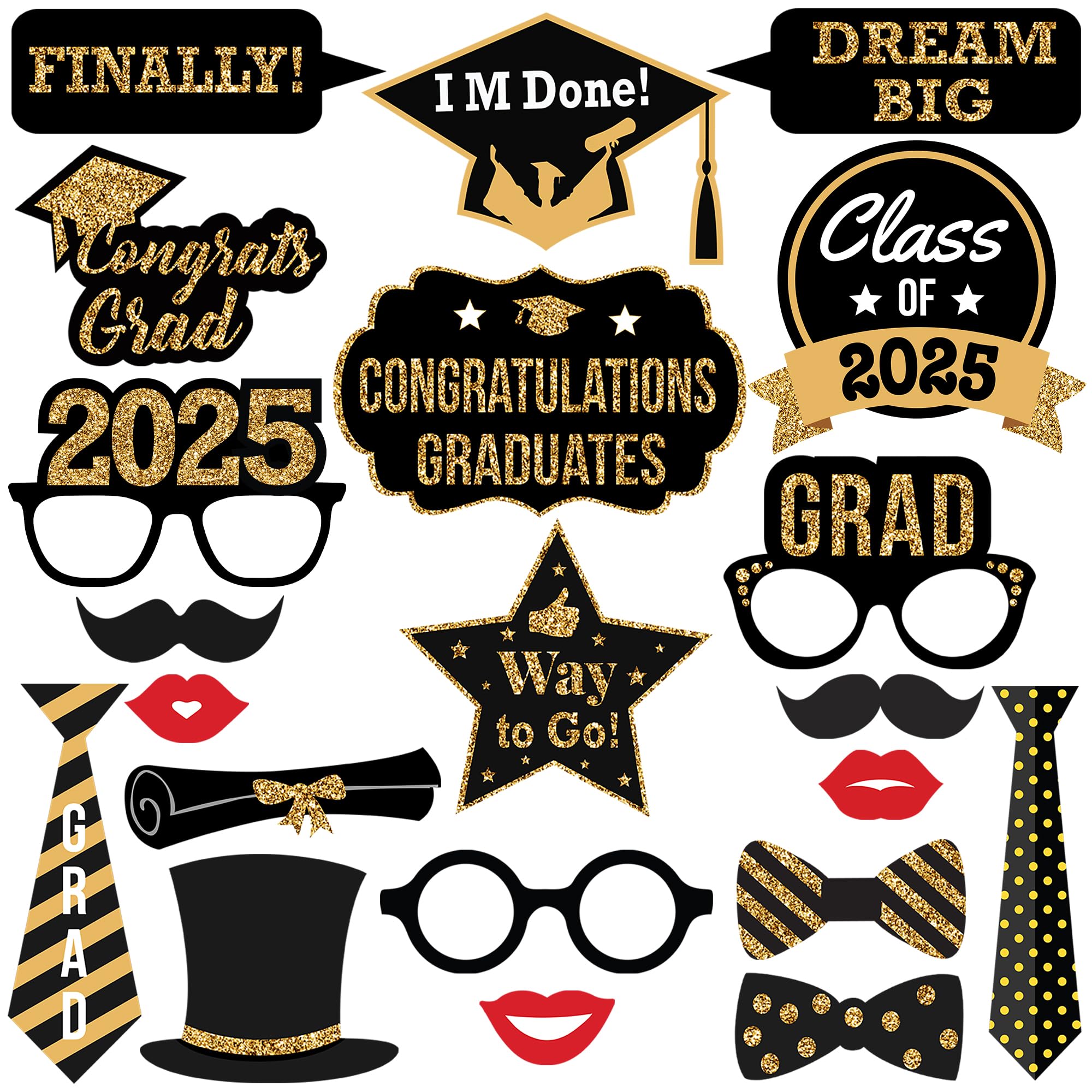 KatchOn 2025 Graduation Photo Booth Props - 21-Piece Black & Gold Decor Set for Class of 2025 | Graduation Party Decorations, Picture Backdrops & Celebration Supplies | Perfect for Graduation Parties, School Events & Photo Sessions