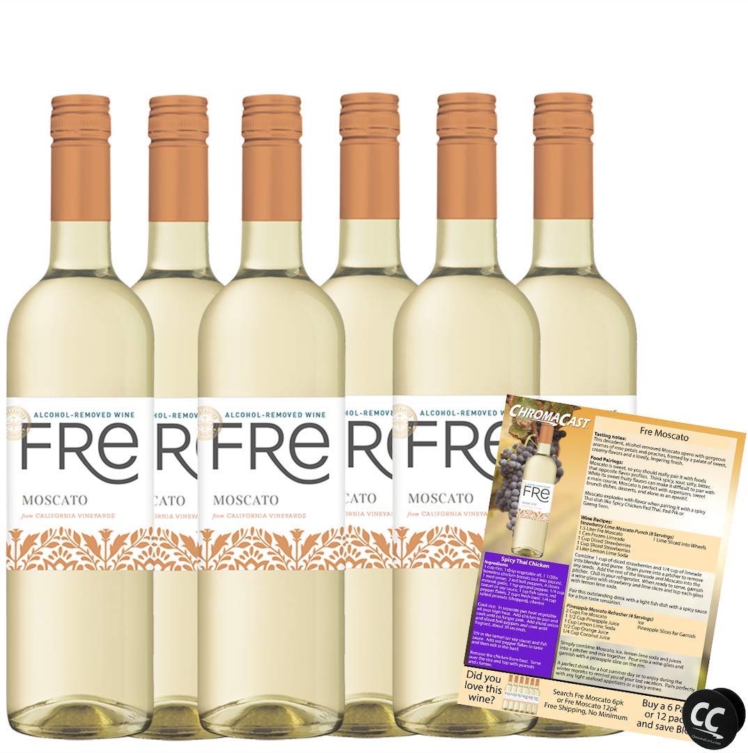 Sutter Home Fre Moscato Non-Alcoholic Wine Bundle - 6 Pack (750ml Bottles) with Phone Grip, Wine Pairing Guide & Recipes | Perfect for Parties, Gifts & Alcohol-Free Celebrations
