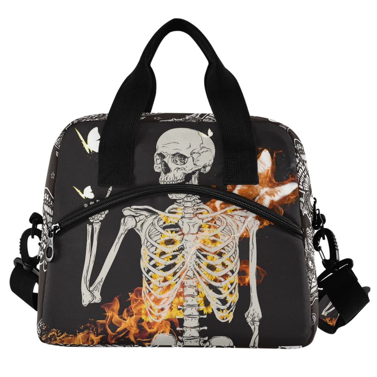 Insulated Lunch Bag with Skull Skeleton & Glitter Butterfly Design - Reusable Leakproof Cooler Tote for Women & Men - Perfect for Work, School, Picnics & Outdoor Activities