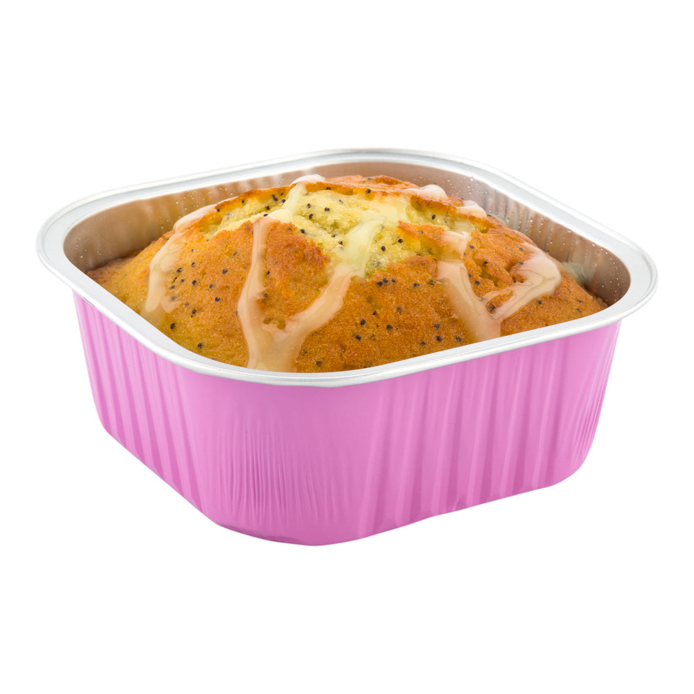 10 oz Square Pink Aluminum Baking Cups with Lids - 4.25