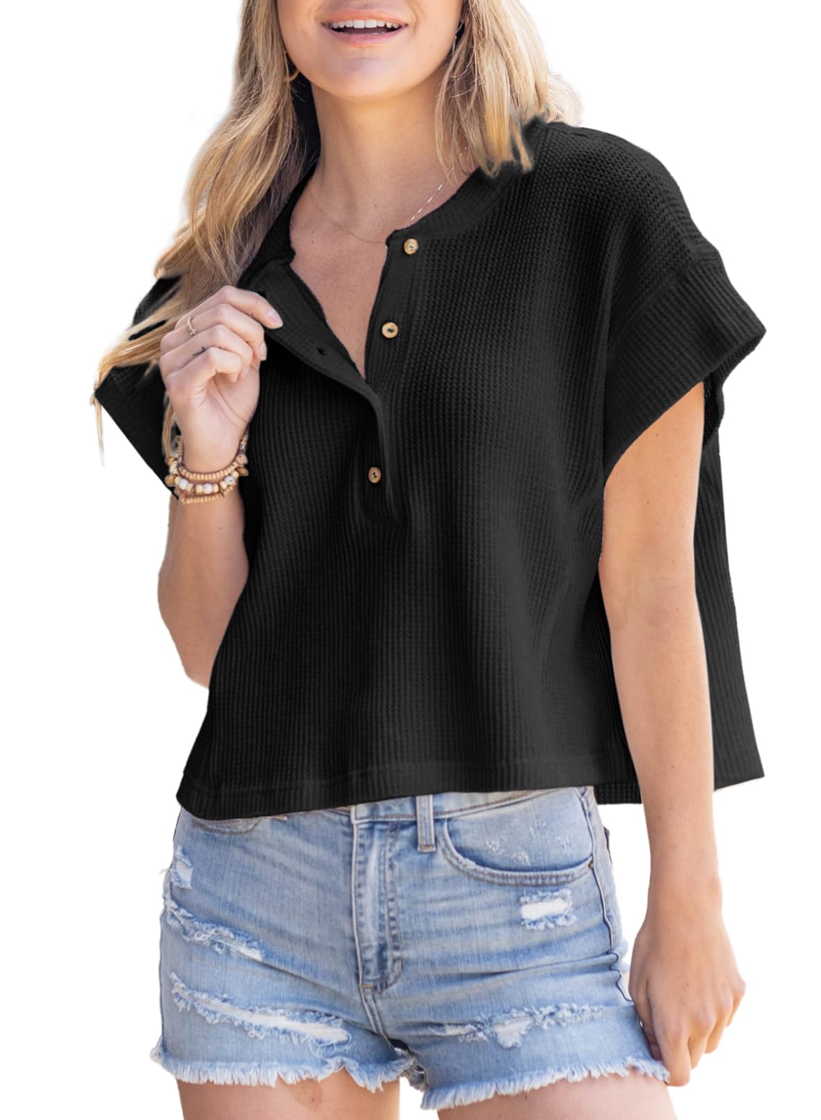 Dokotoo Women's Casual Short Sleeve Waffle Knit Henley Shirt - Loose Fit Round Neck Button Down Blouse for Summer - Perfect for Beach Outings, Weekend Brunch and Casual Office Wear