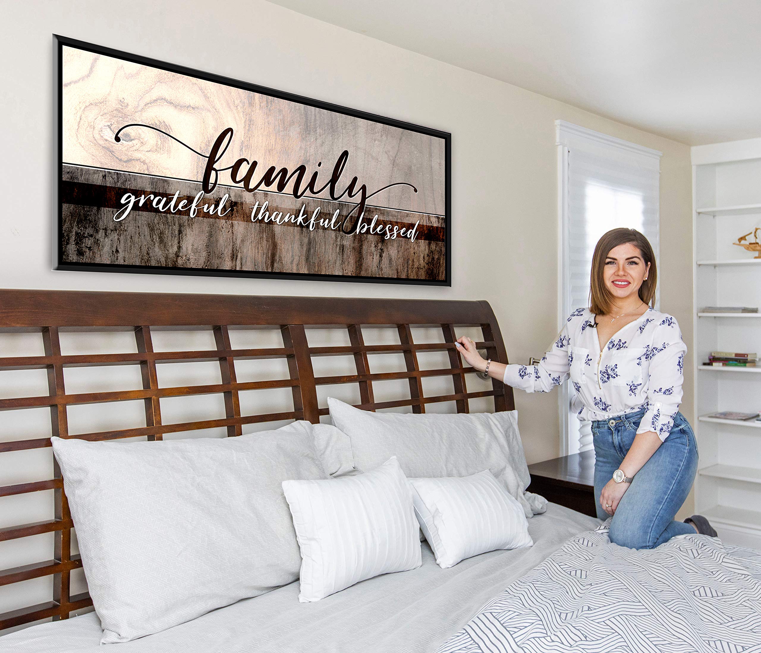 Christian Family Wall Decor - Grateful Thankful Blessed Sign with Floating Frame for Home, Living Room, Bedroom - Brown Wooden Plaque 42x19 Inches