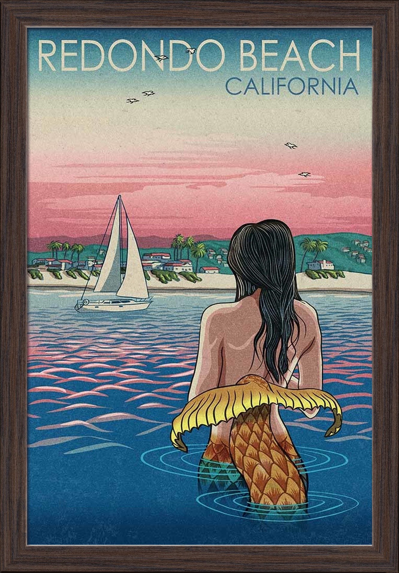 California Mermaid Beach Art Print - 16x24 Giclee Fine Art on Recycled Wood Frame in Espresso Brown - Perfect for Coastal Home Decor & Beach House Wall Art