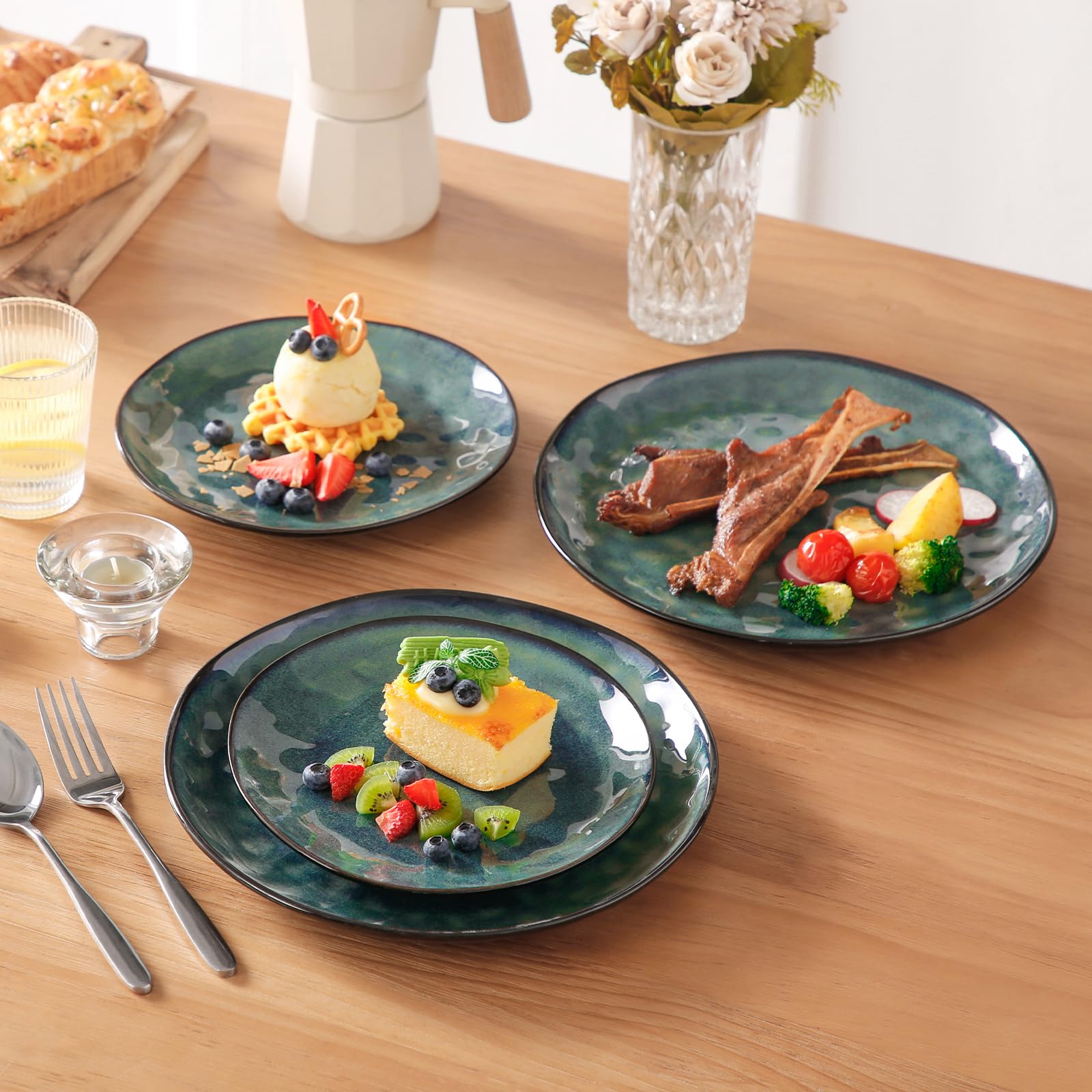 Vancasso Starry 12-Piece Dinnerware Set for 4 - Stoneware Plates & Bowls Set, Dishwasher & Microwave Safe, Green - Perfect for Family Dinners, Parties & Everyday Use