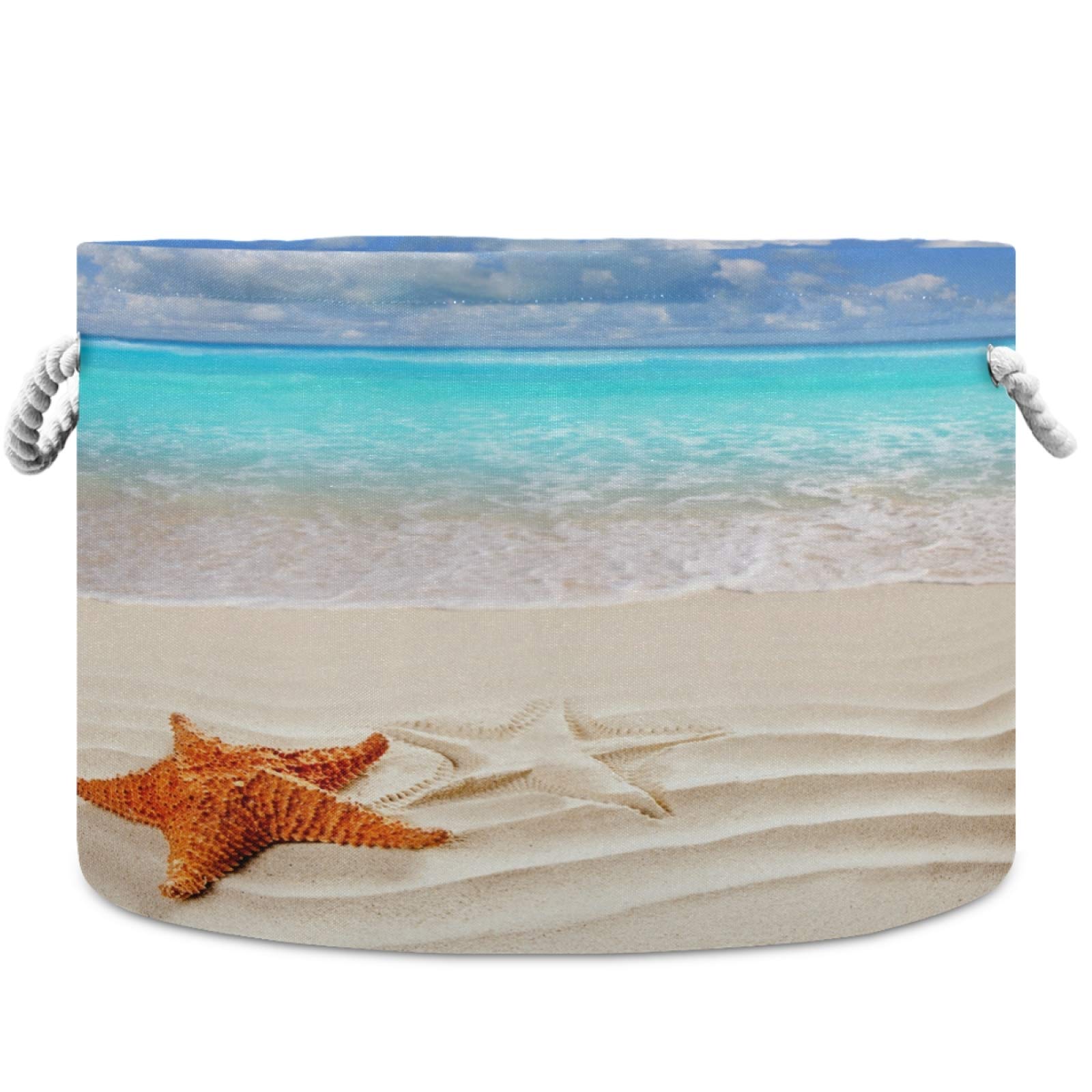 Visesunny Caribbean Starfish Storage Basket - Wavy White Sand Beach Design, Canvas Fabric Toy Organizer Bin for Kids Room, Playroom, Shelves | Perfect for Nursery, Laundry & Home Organization