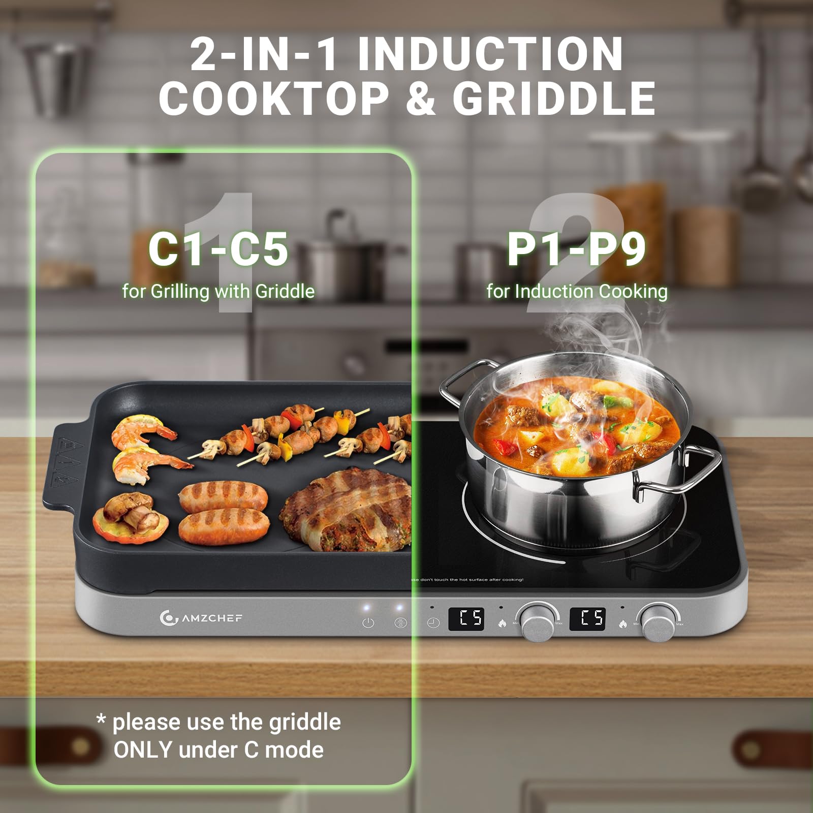AMZCHEF 1800W Double Induction Cooktop with Removable Non-Stick Griddle Pan - 2 Burner Portable Induction Stove with Sensor Touch, 9 Power Levels & 99 Min Timer - Perfect for Kitchen, RV, Camping & Dorm Cooking (Iron Grey)