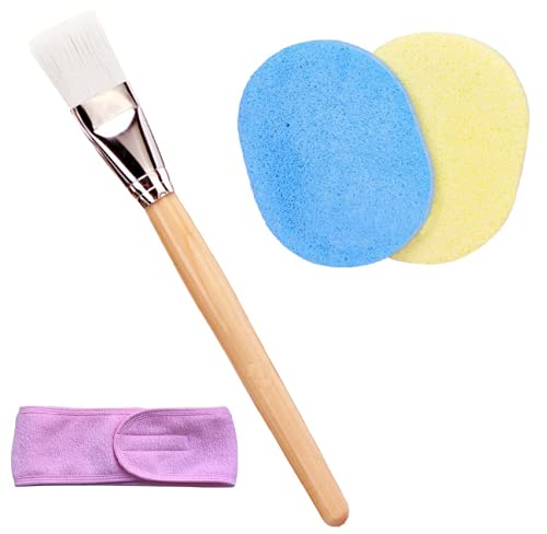 Ghelonadi Women's Facial Headband, Wooden Face Pack Brush & Cleansing Sponge Set - 4 Piece Spa & Beauty Kit for Home & Salon Use | Perfect for Skincare Routine, Facial Treatments & Makeup Application