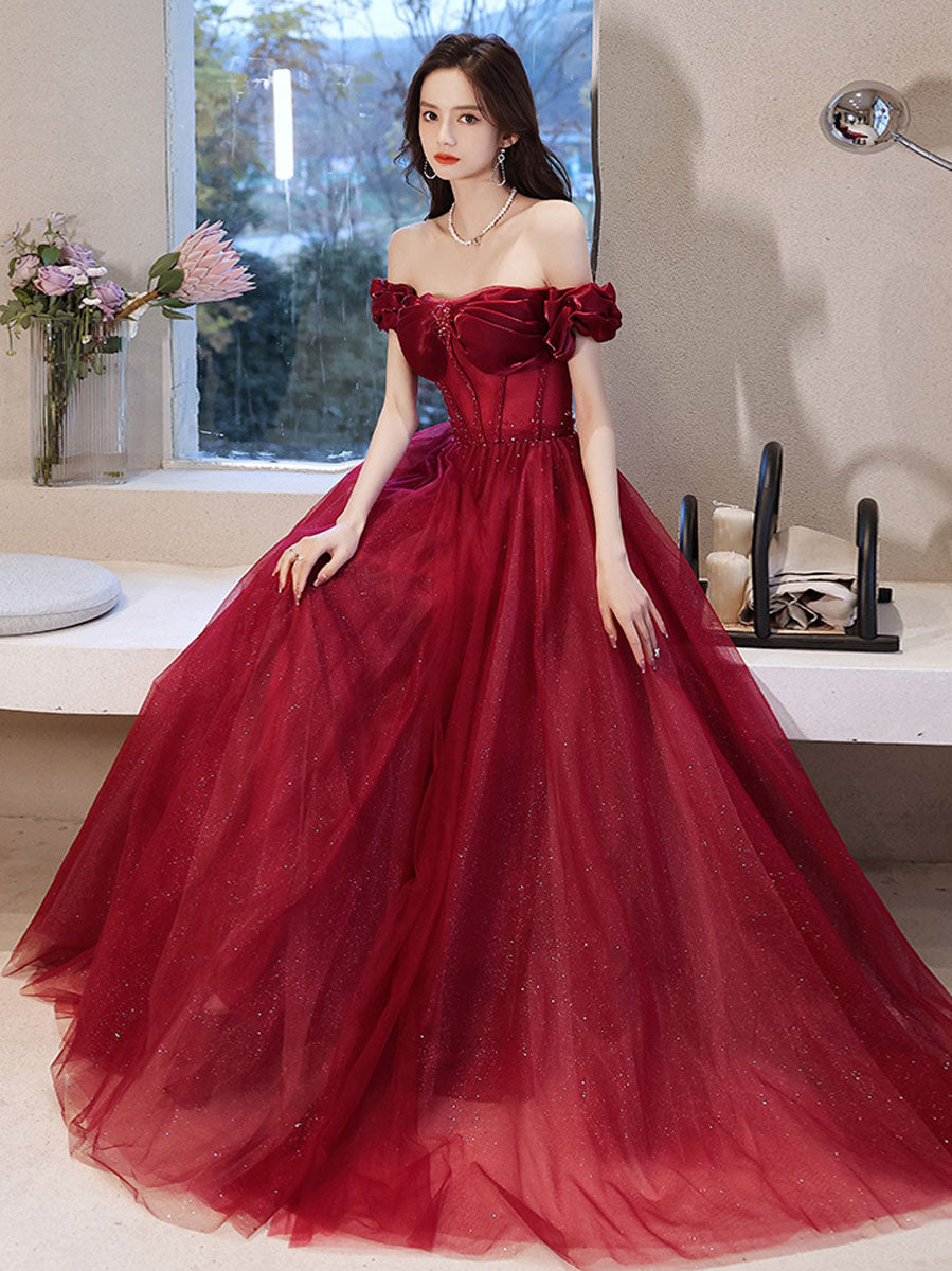 Elegant Burgundy Off Shoulder Tulle Long Prom Dress for Women - Formal Evening Gown for Homecoming, Wedding, Ball & Special Occasions